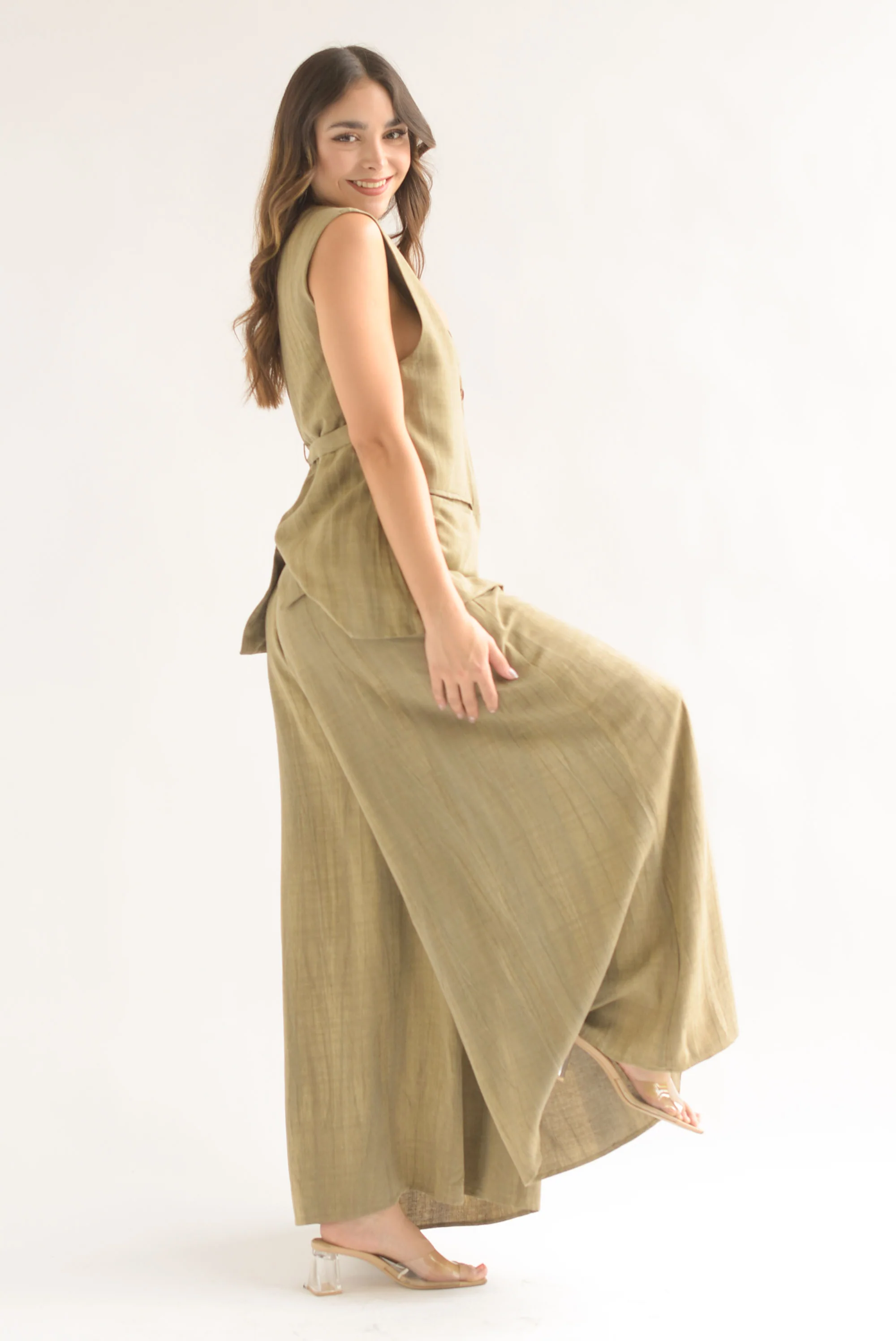 Set Pantalón super wide y Chaleco largo lino Verde Olivo