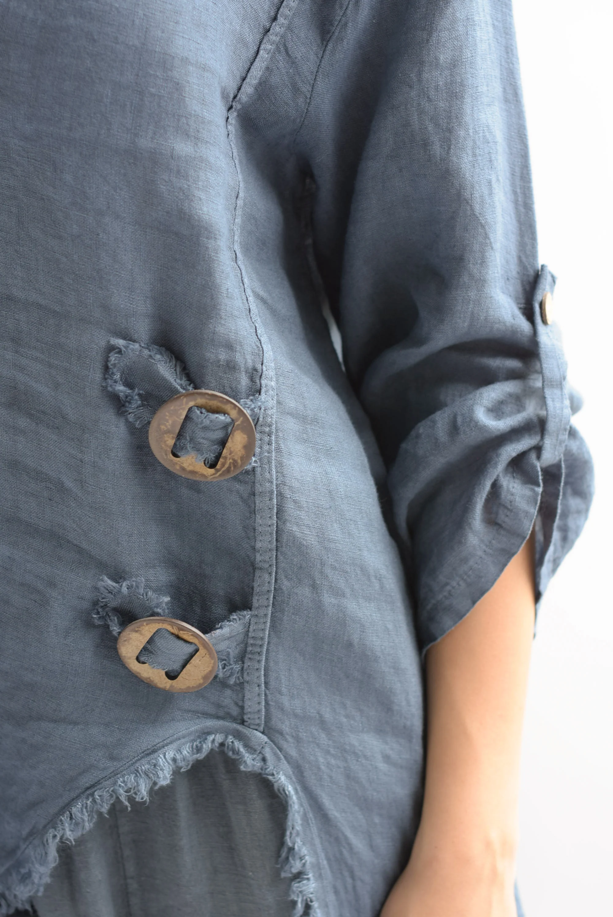 Set Pantalón olanes y Maxi blusa lino italiano Azul Denim