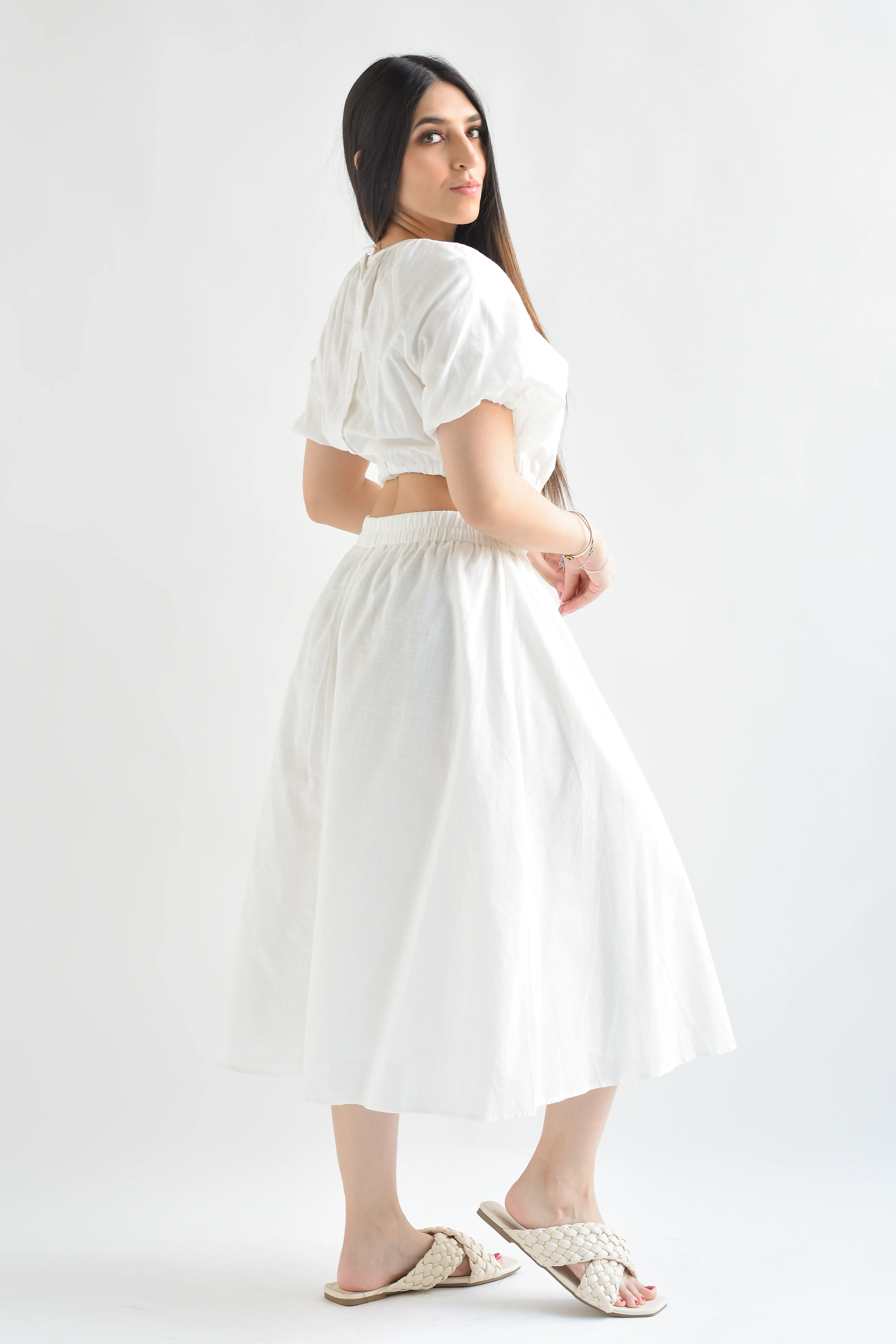 Vestido lino cut-out espalda Blanco