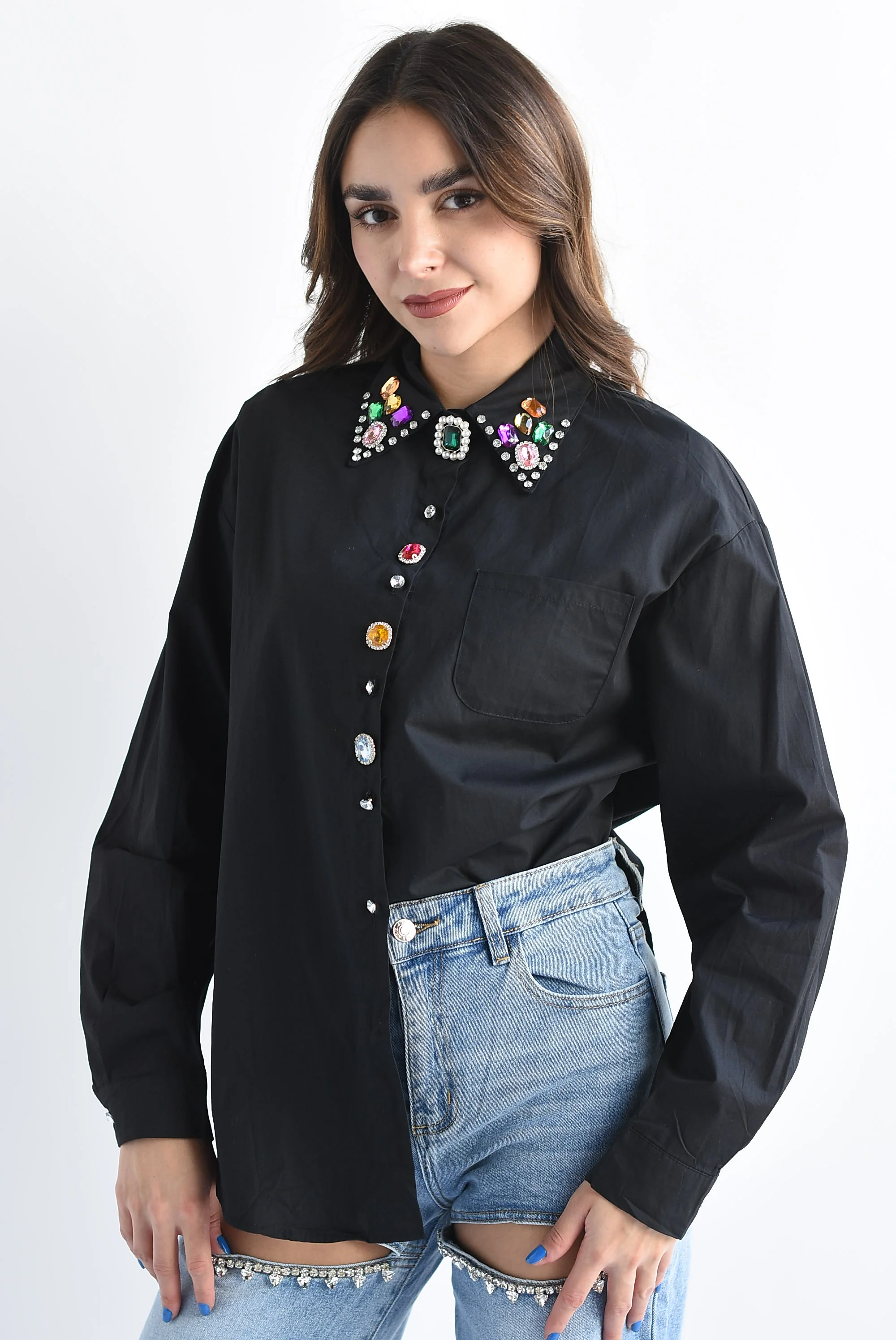 Camisa cuello joyas multi Negro