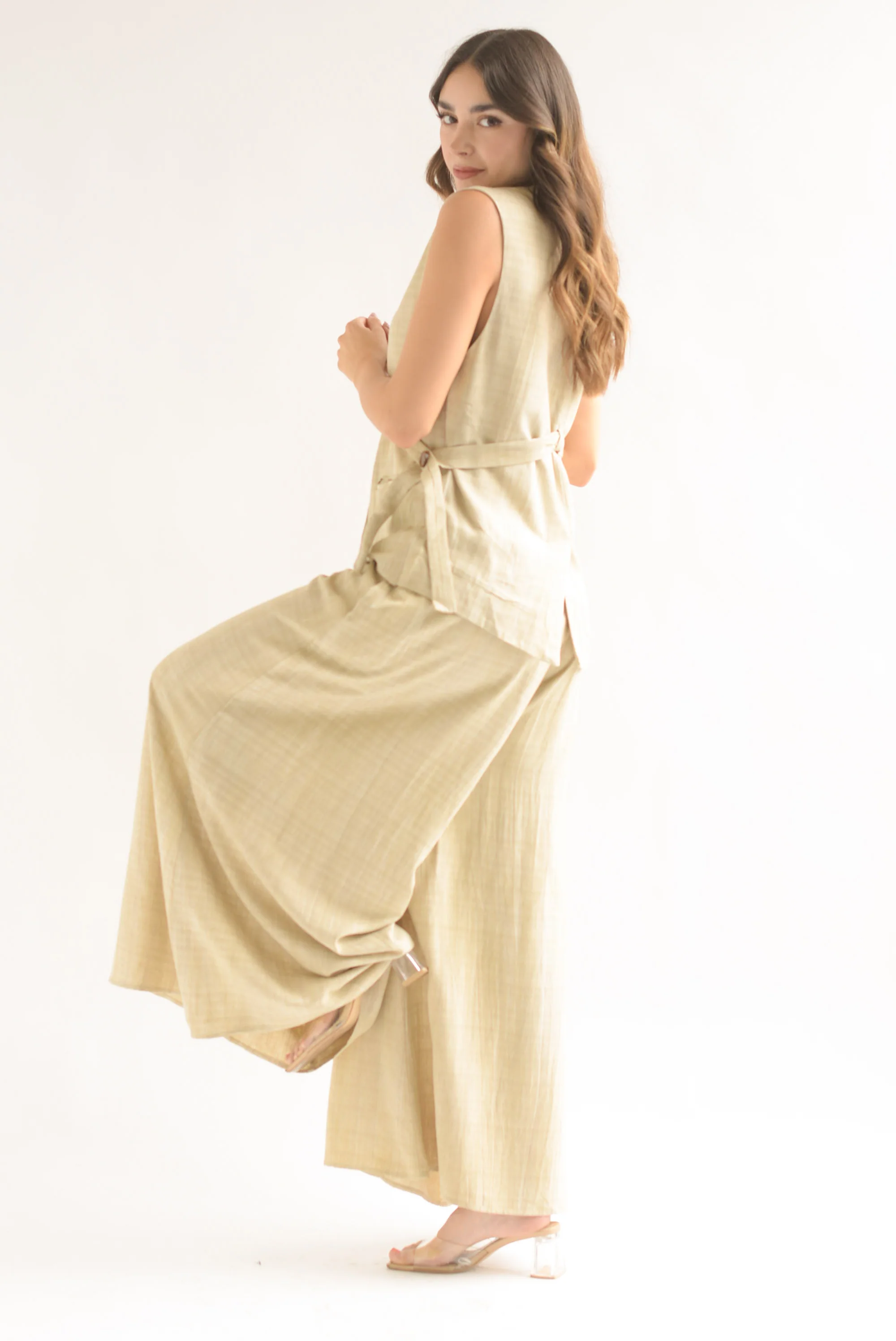 Set Pantalón super wide y Chaleco largo lino Crudo