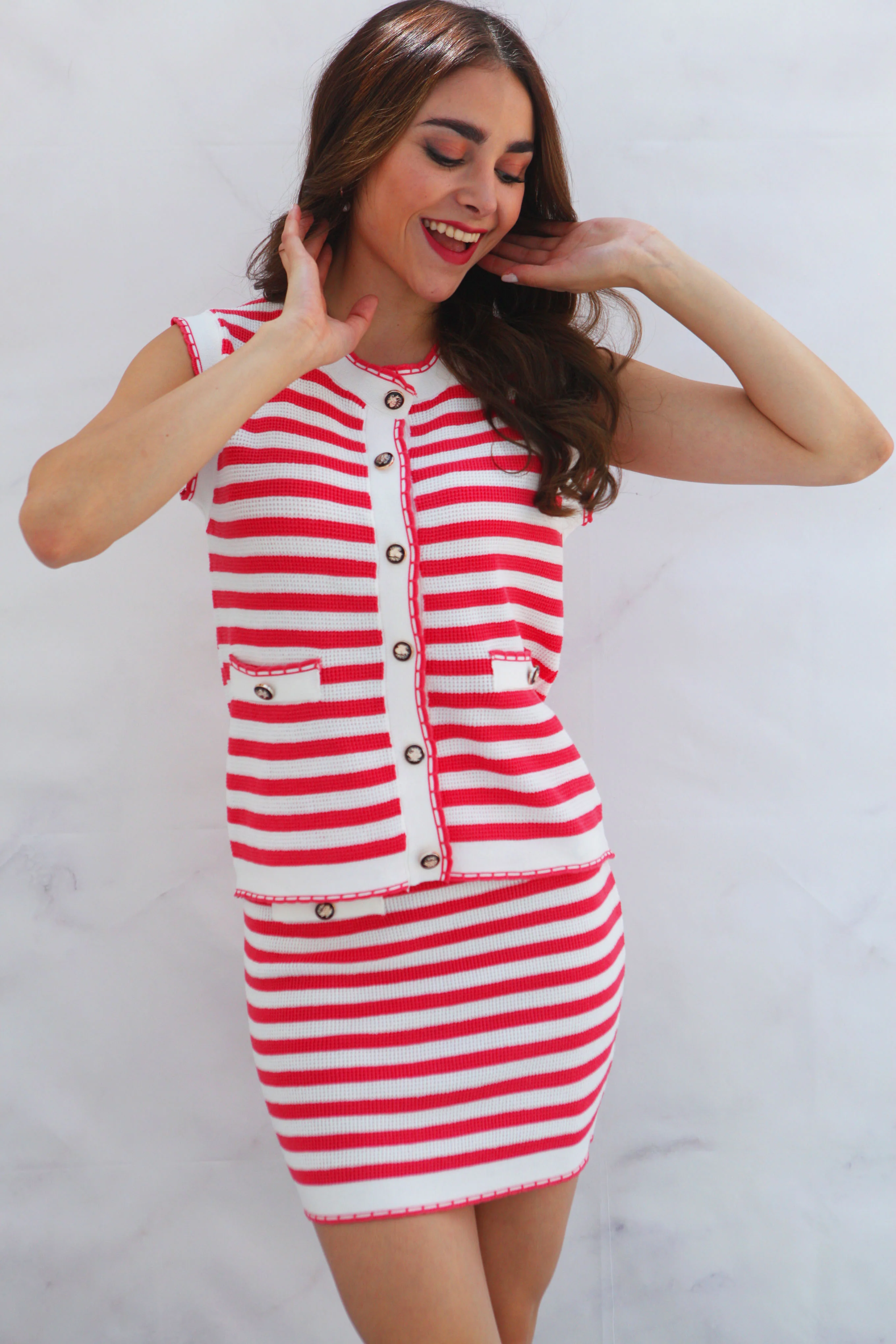 Set Falda y Chaleco crochet rayas Coral