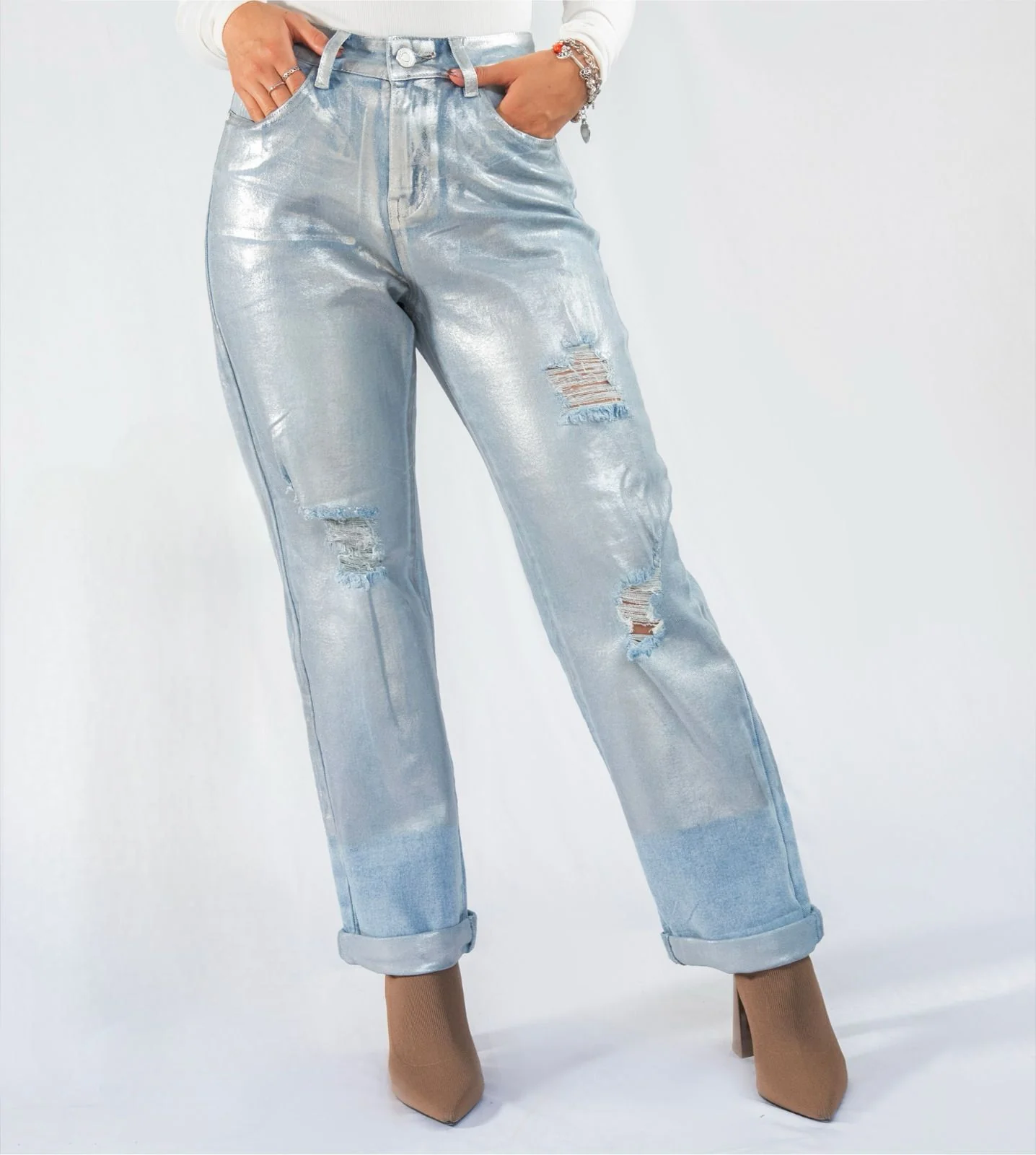 Jeans foil rasgados Plata