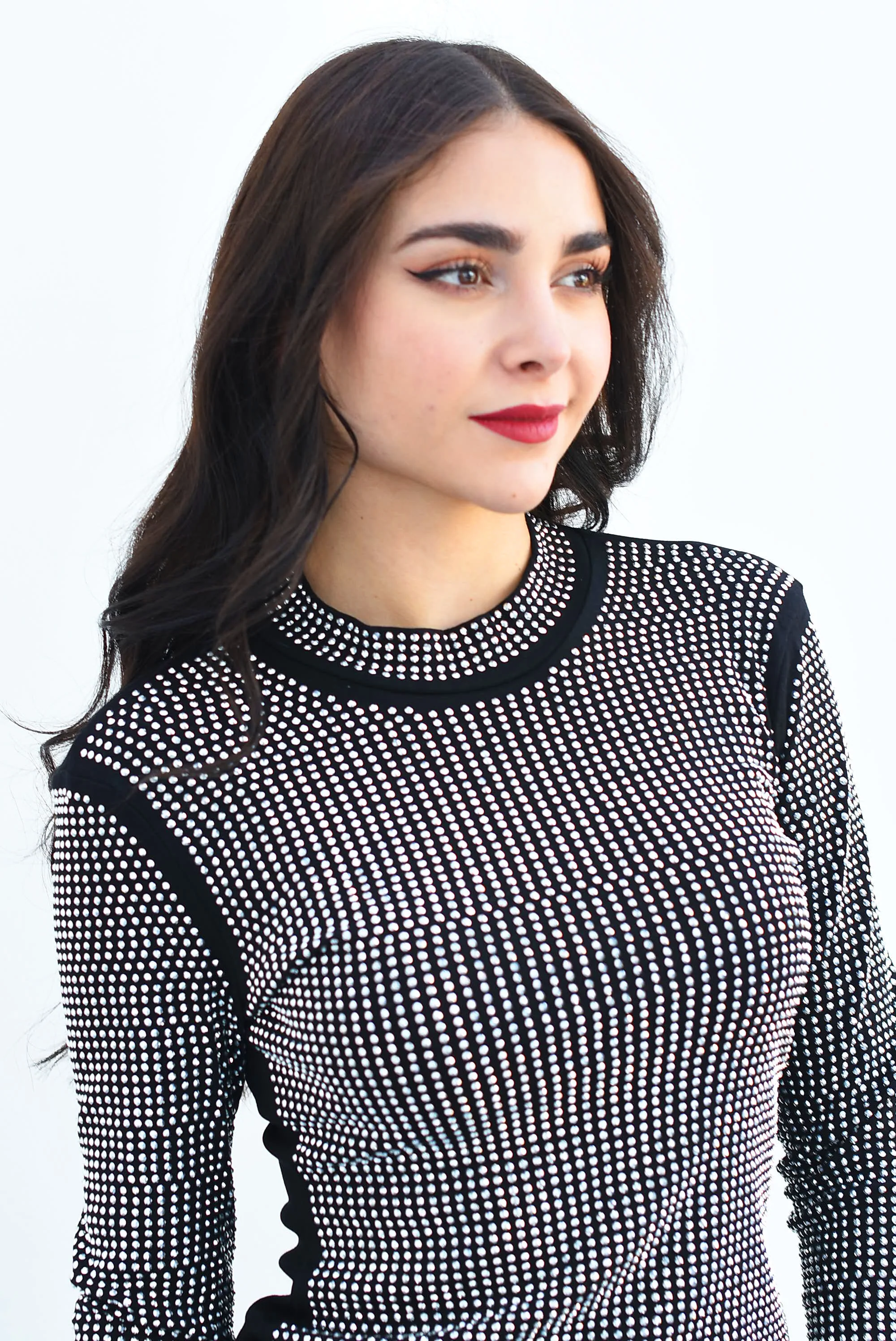 Vestido cuello alto algodón spandex brillos Negro