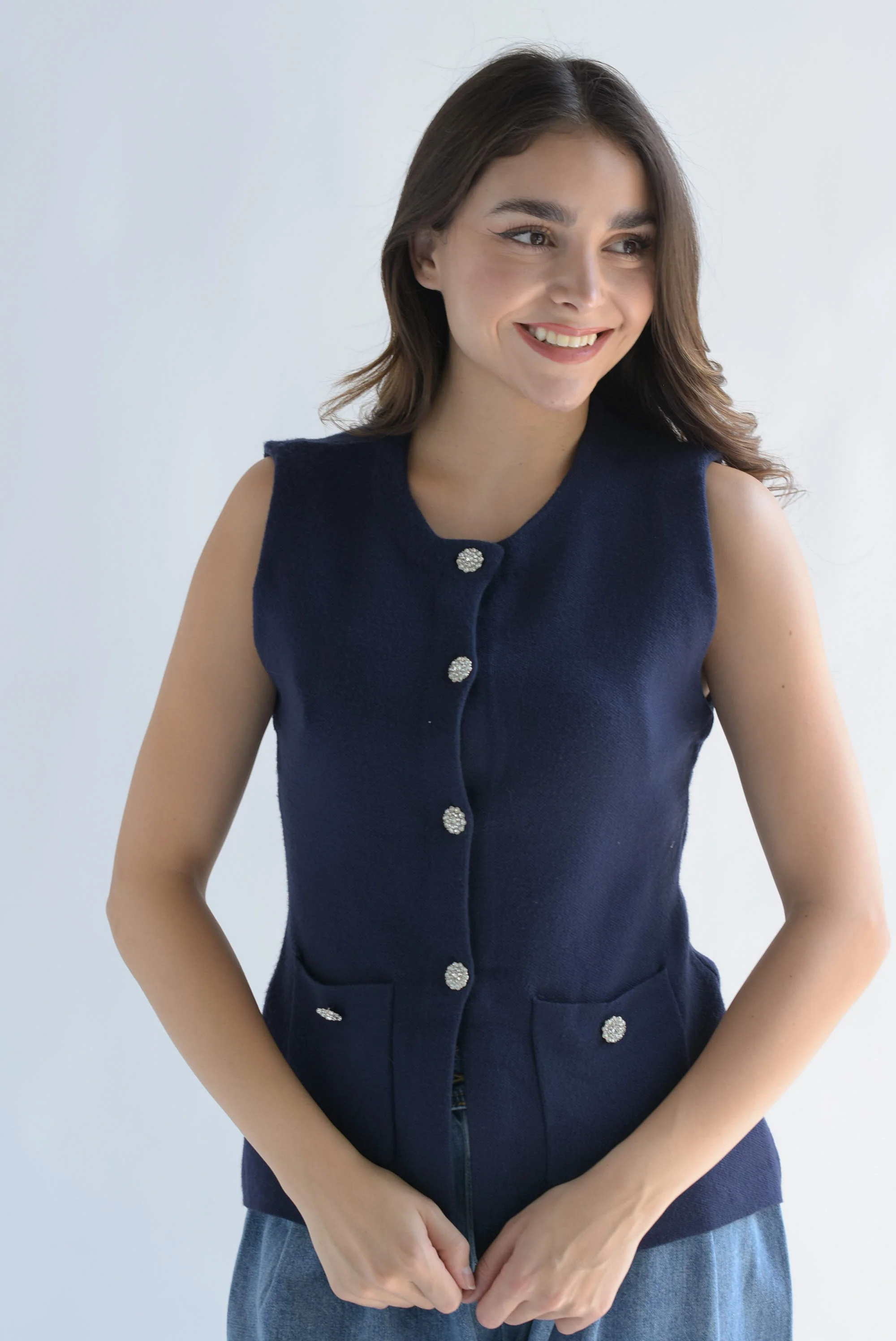 Chaleco punto botones joyas Azul Marino