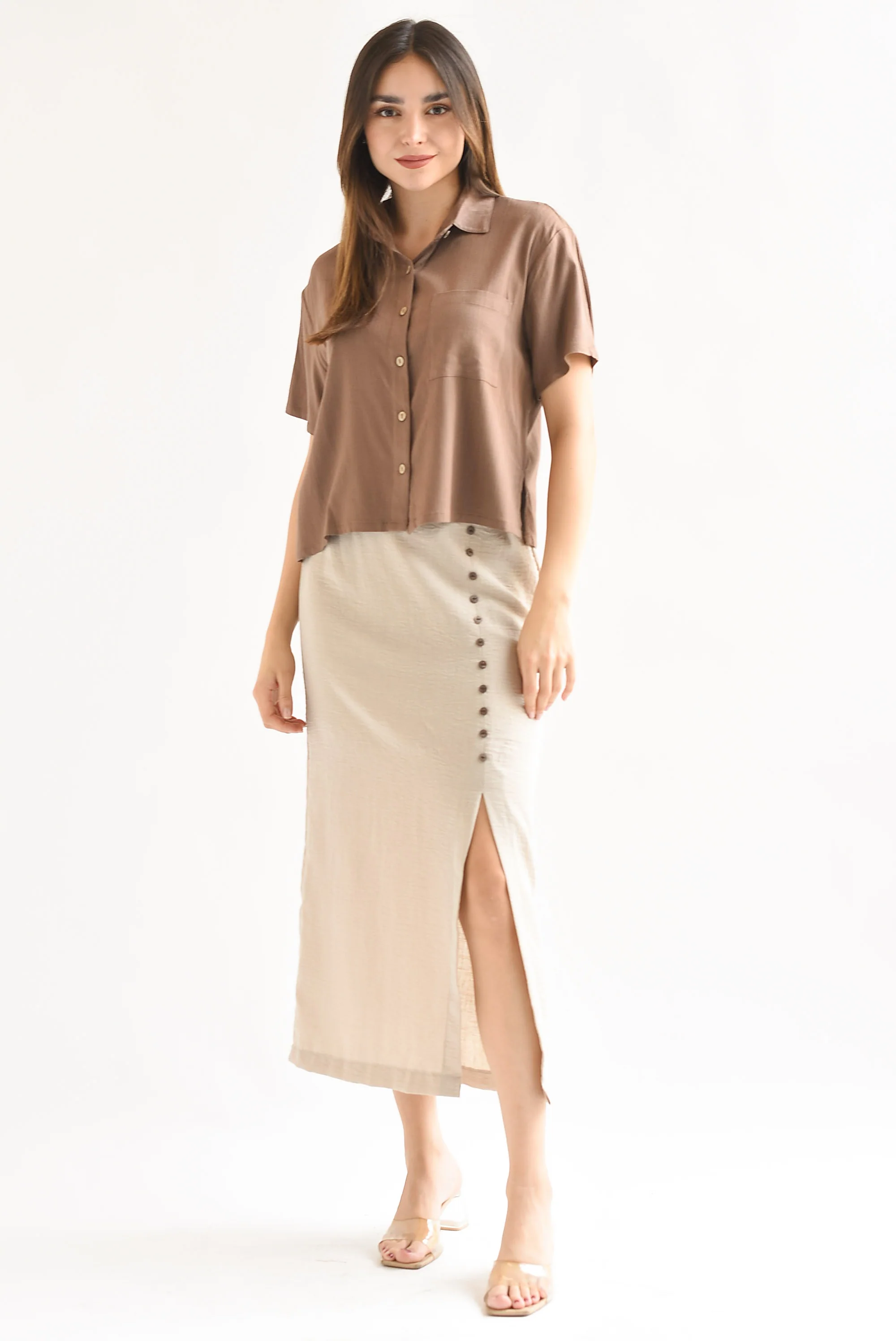 Falda midi recta botones Crudo