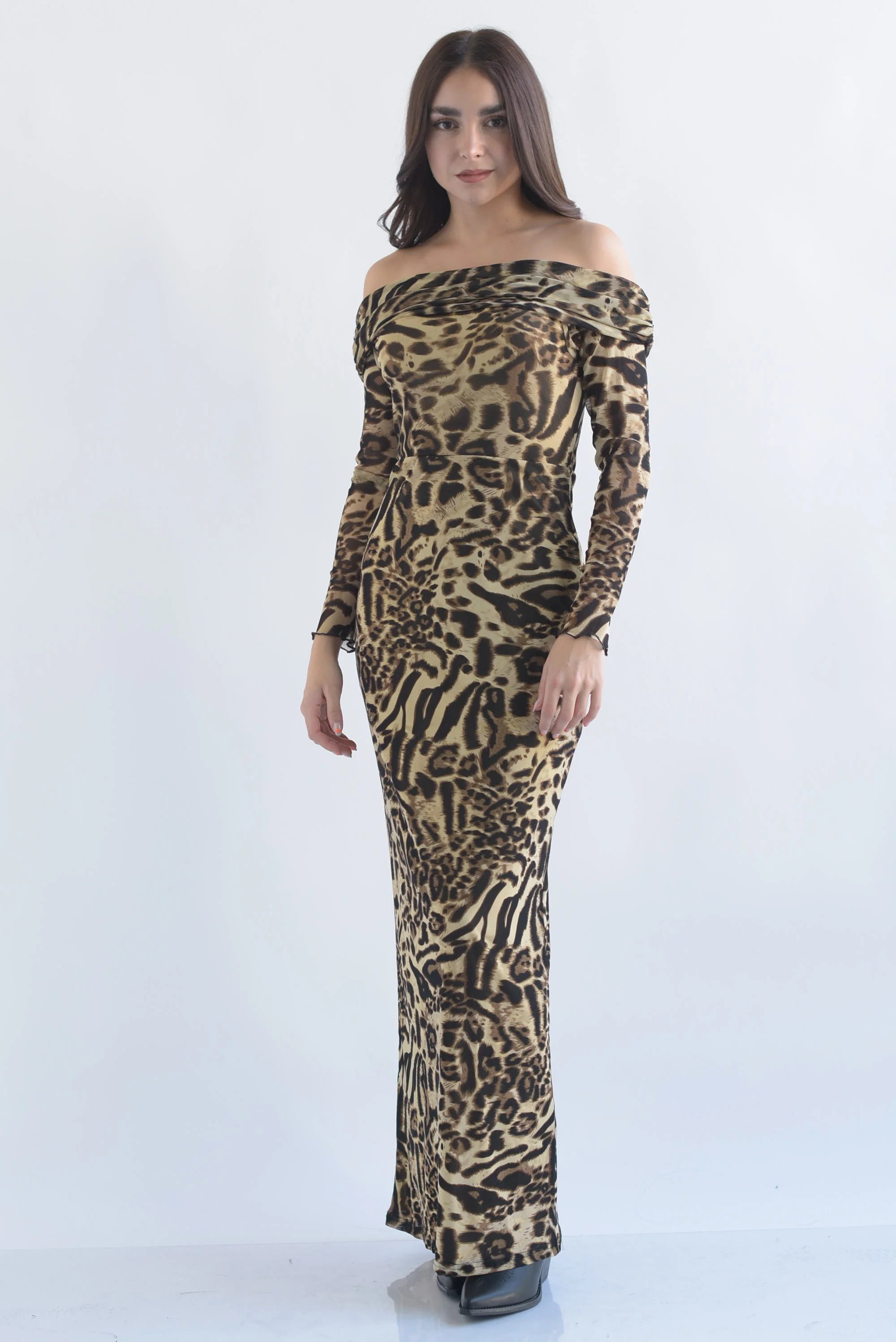 Vestido off-shoulder escote drapeado leopardo