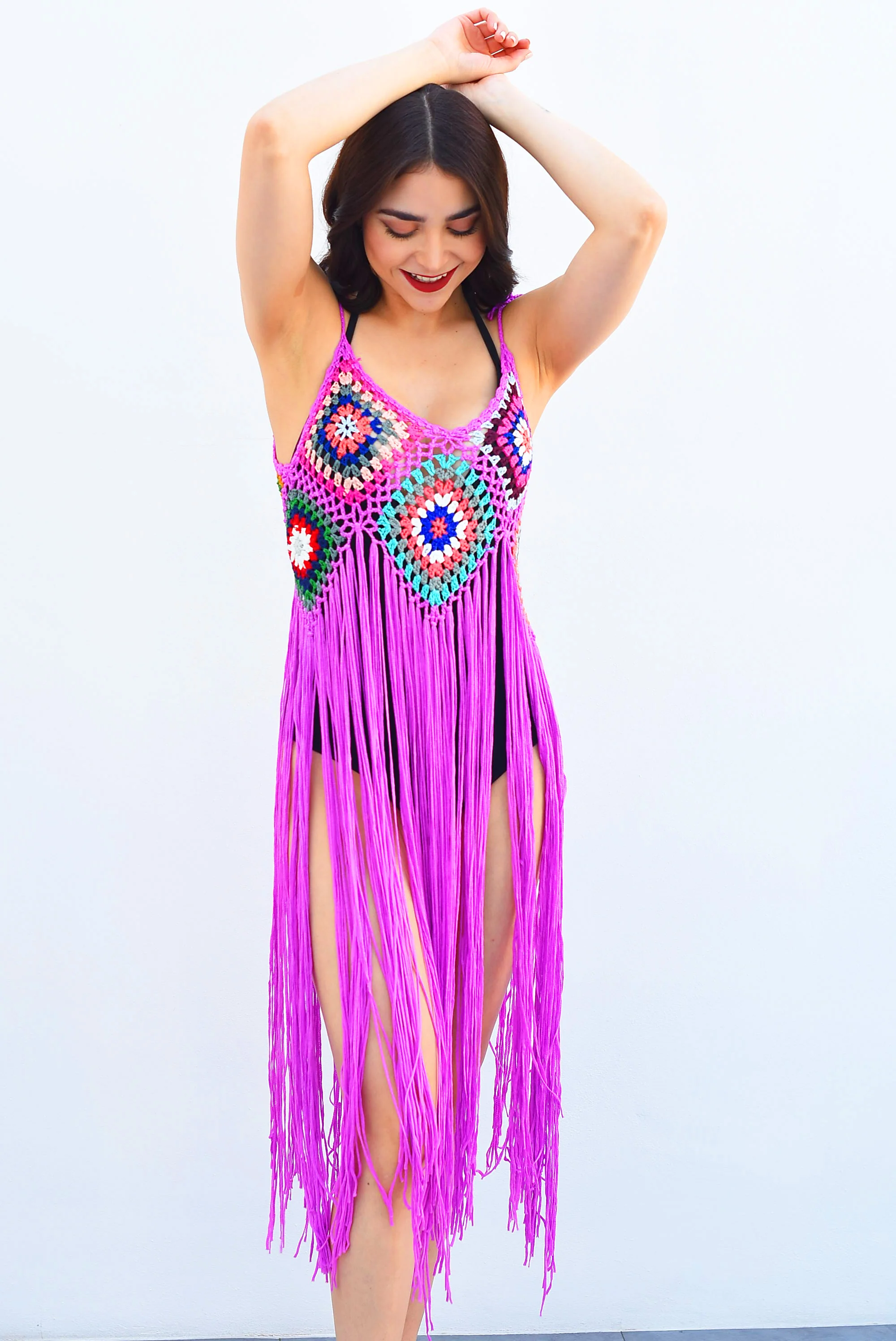 Blusa larga crochet flecos y flores Morada