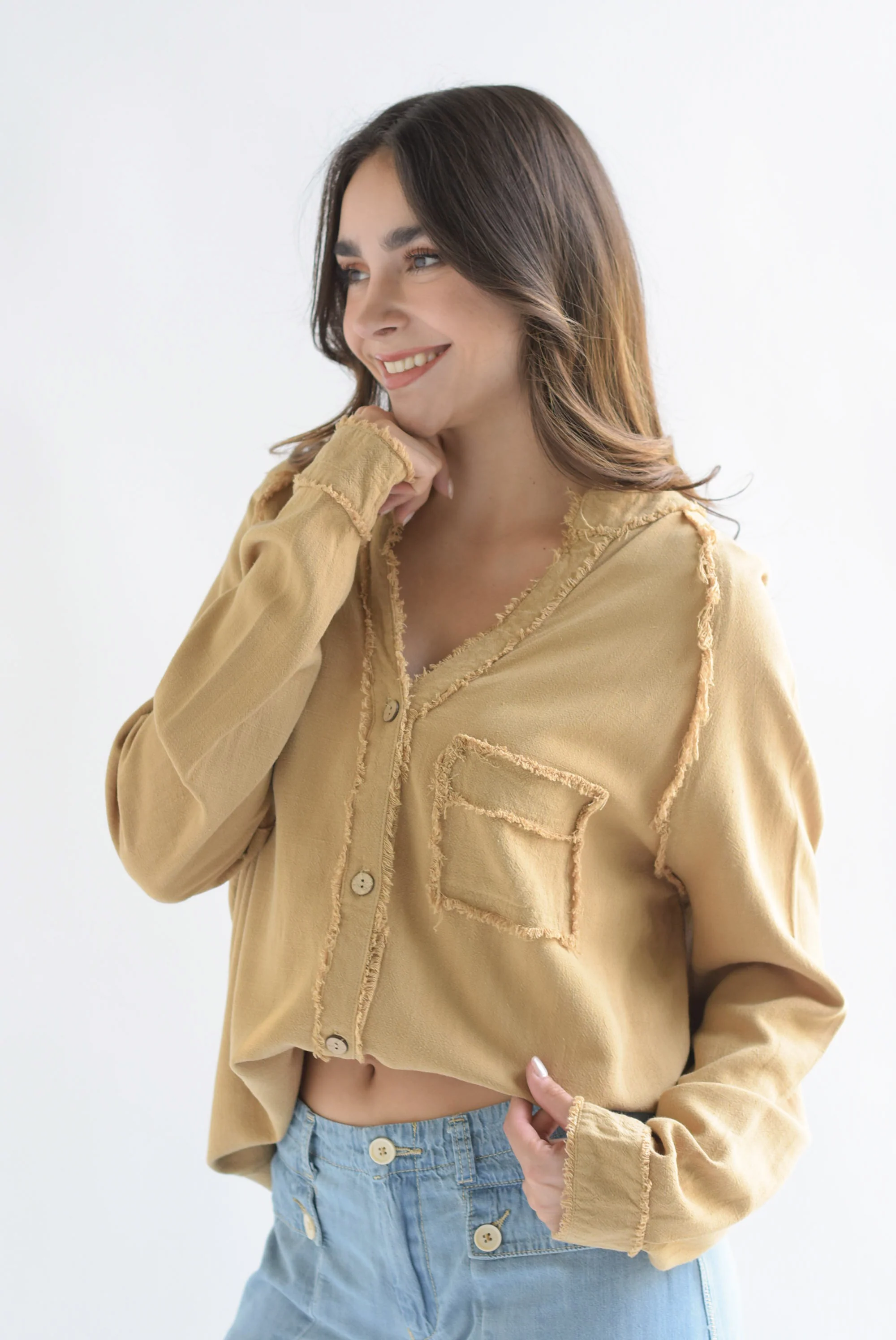 Camisa larga deshilachada lino Camel