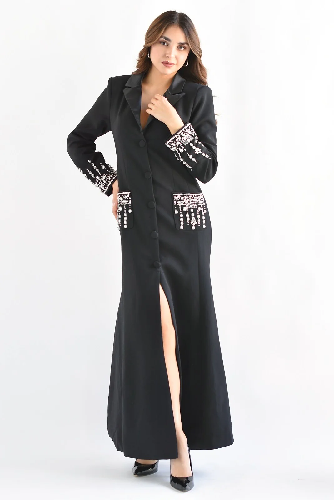 Vestido largo solapa satín Joyas Negro