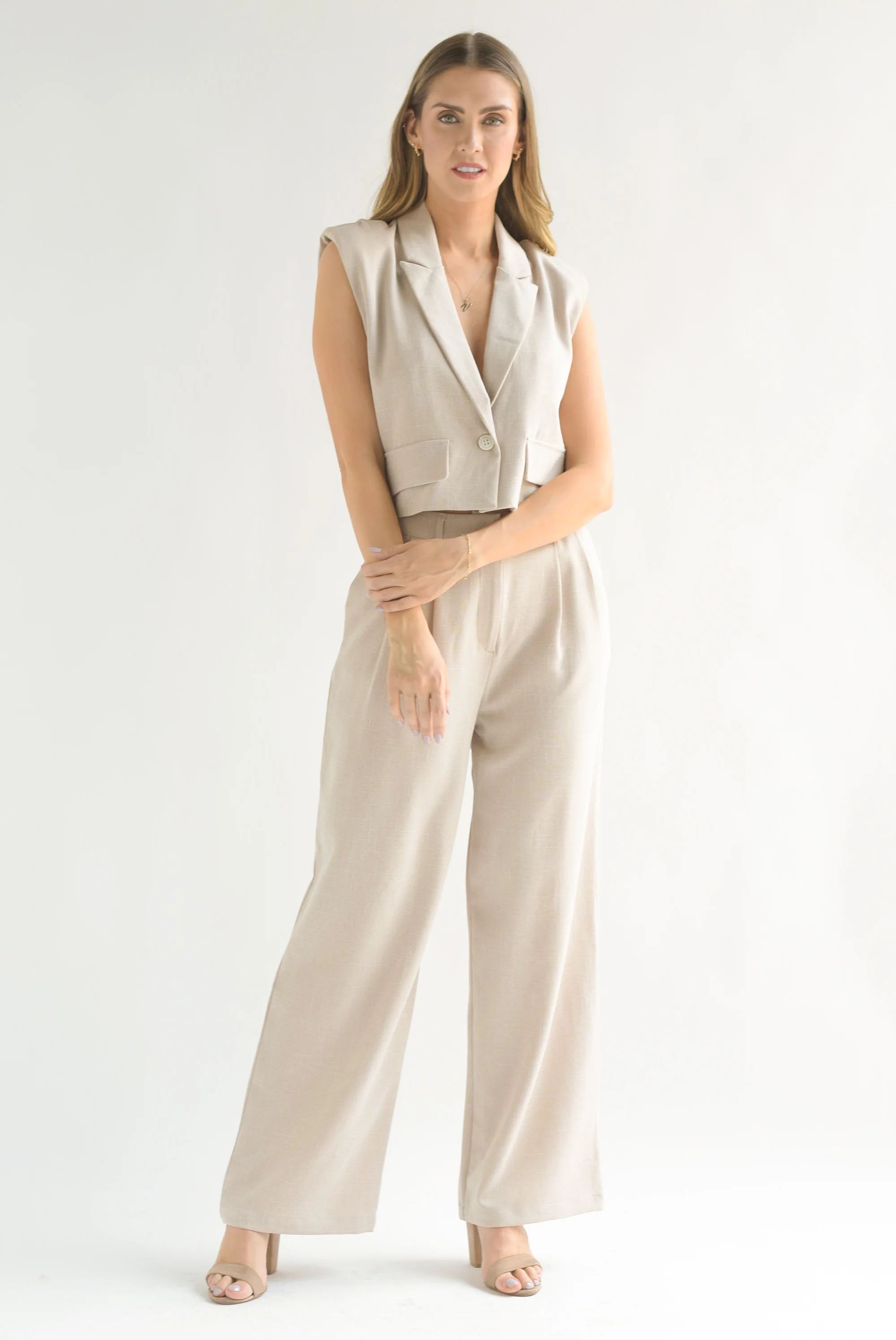 Set Pantalón y Chaleco crop Crudo