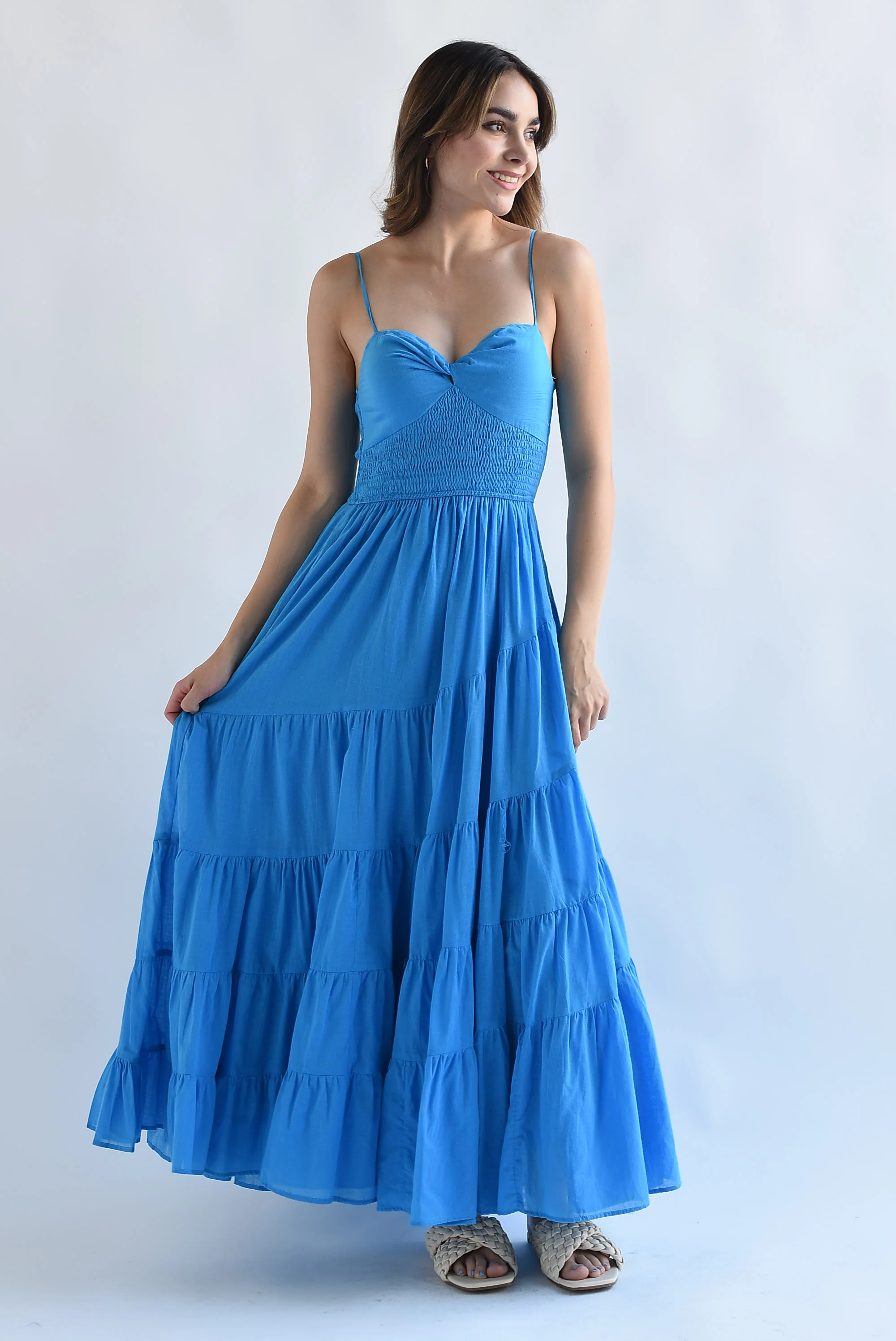 Vestido largo lino tirantes Azul