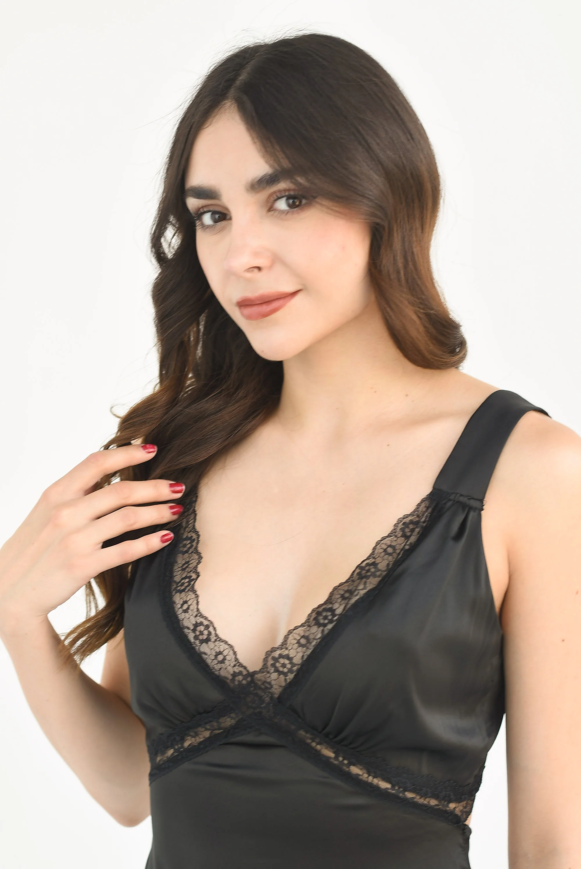 Vestido lencero con encaje Negro