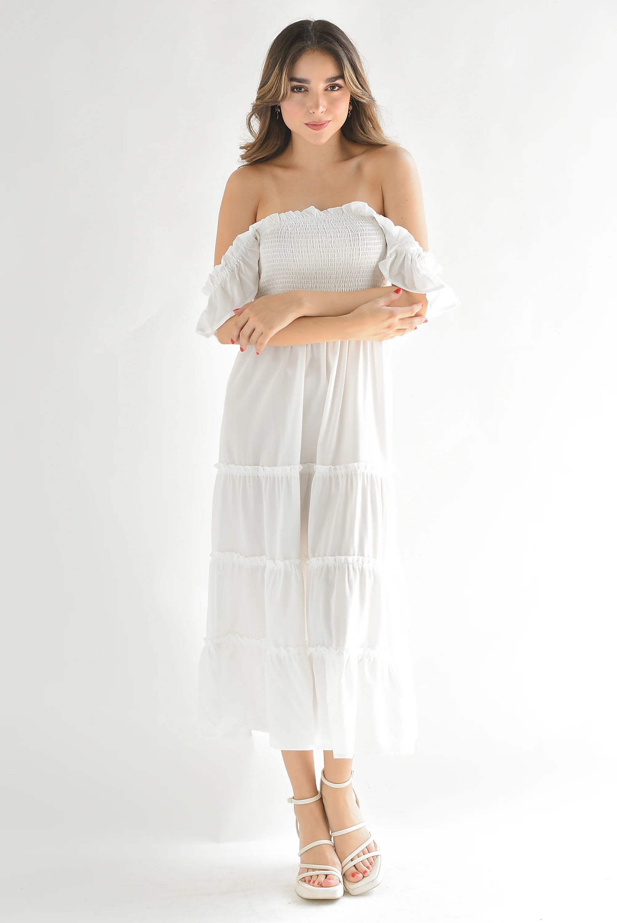 Vestido midi  torso elástico Blanco