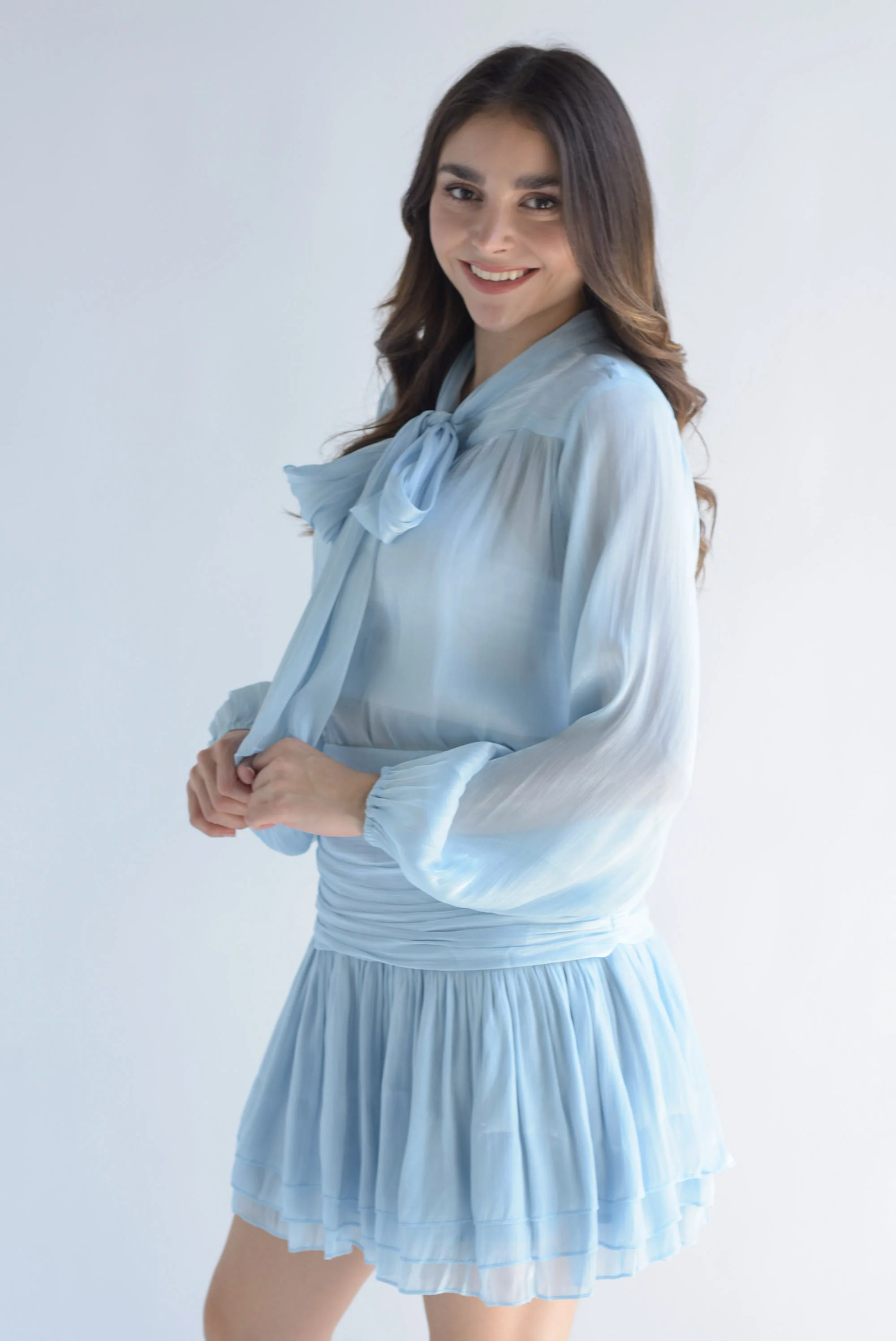 Set Falda drapeada y Blusa cinta Azul Baby