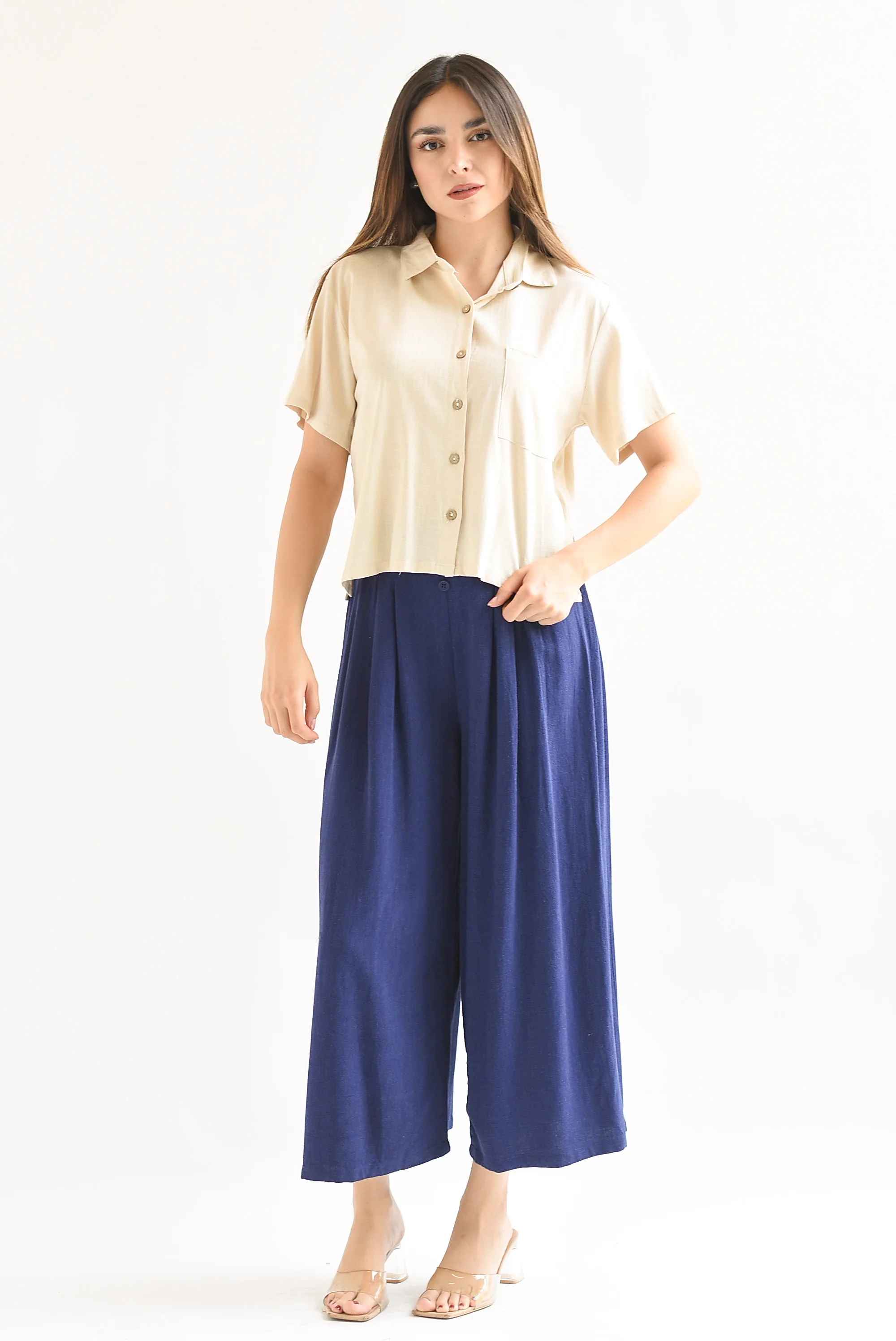 Pantalón culotte tipo lino Azul Marino