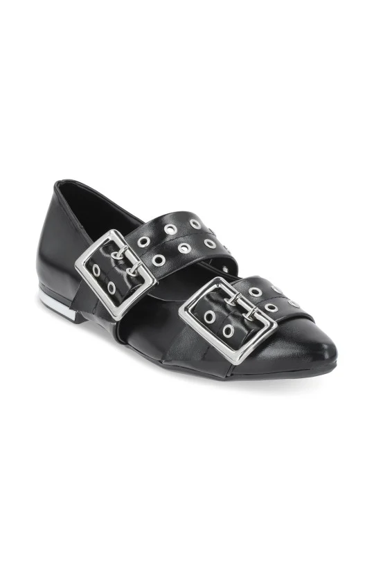 BALERINA DE PISO NEGRO Y HUESO CON HEBILLAS 40040