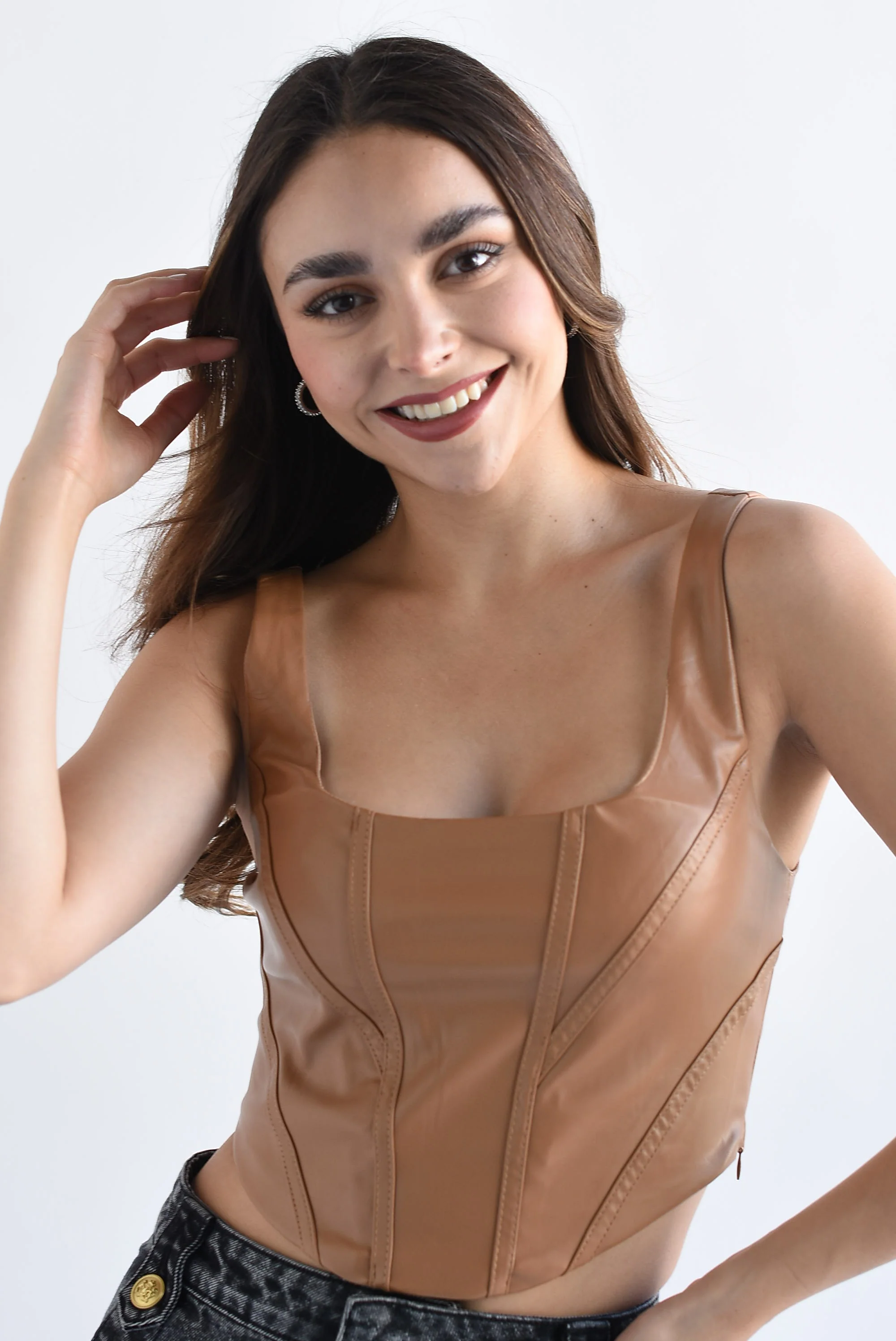 Top corsetero costuras vinipiel Camel