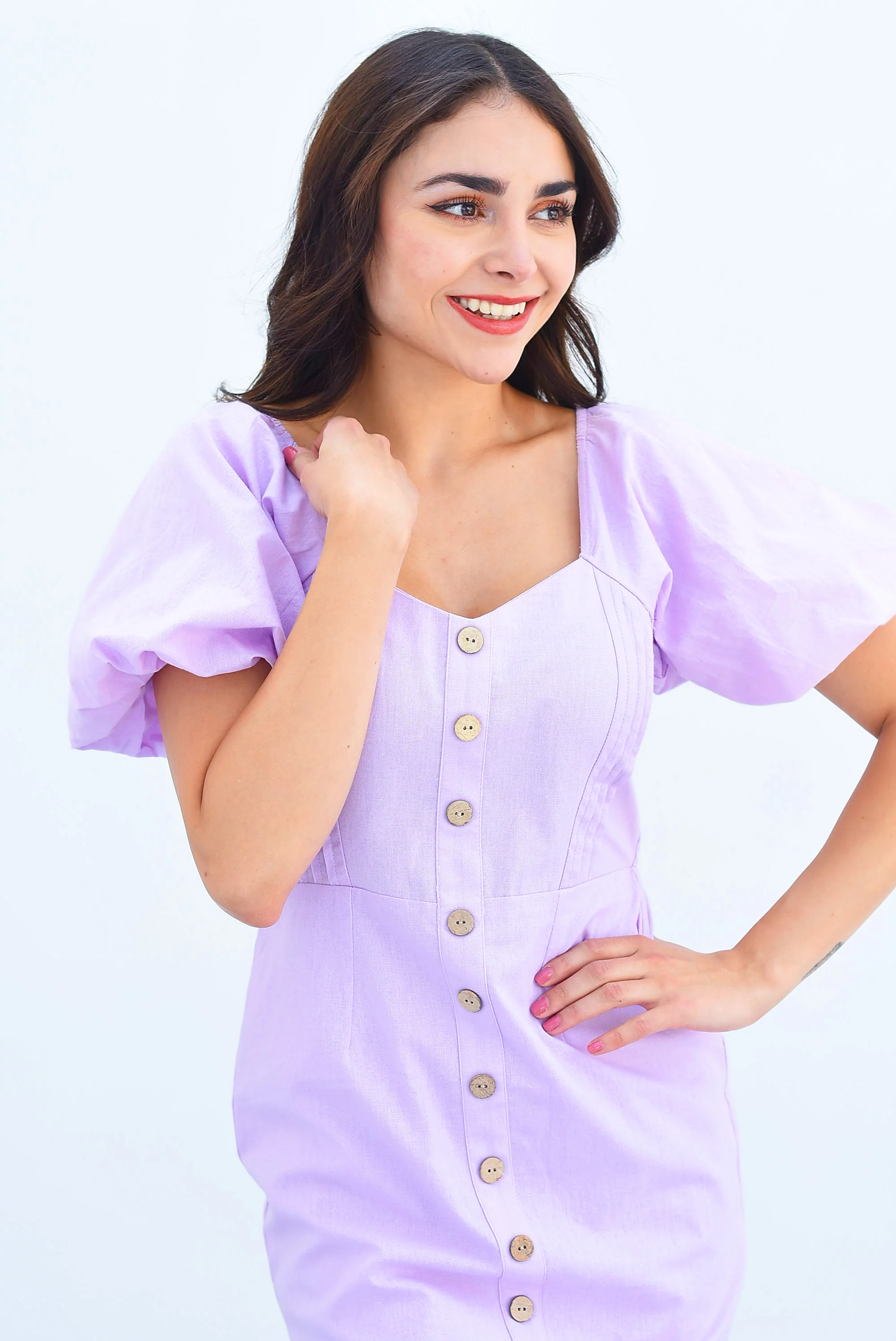 Vestido lino manga puffy Lila