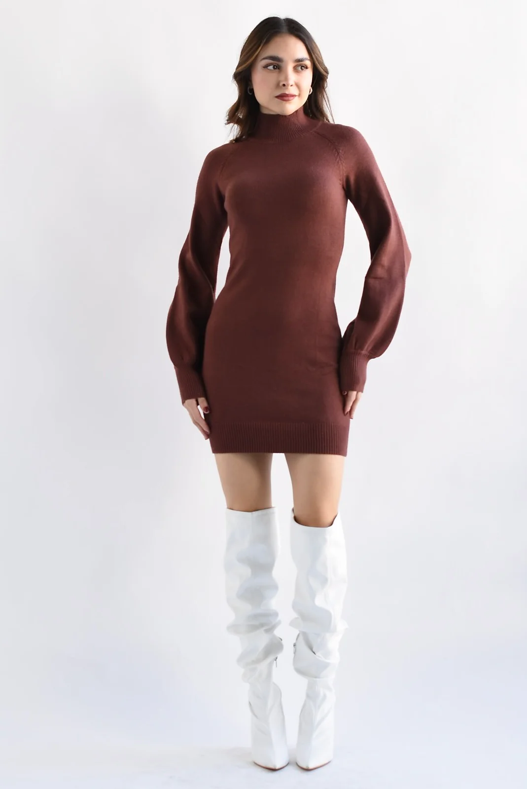 Vestido punto manga abullonada Café