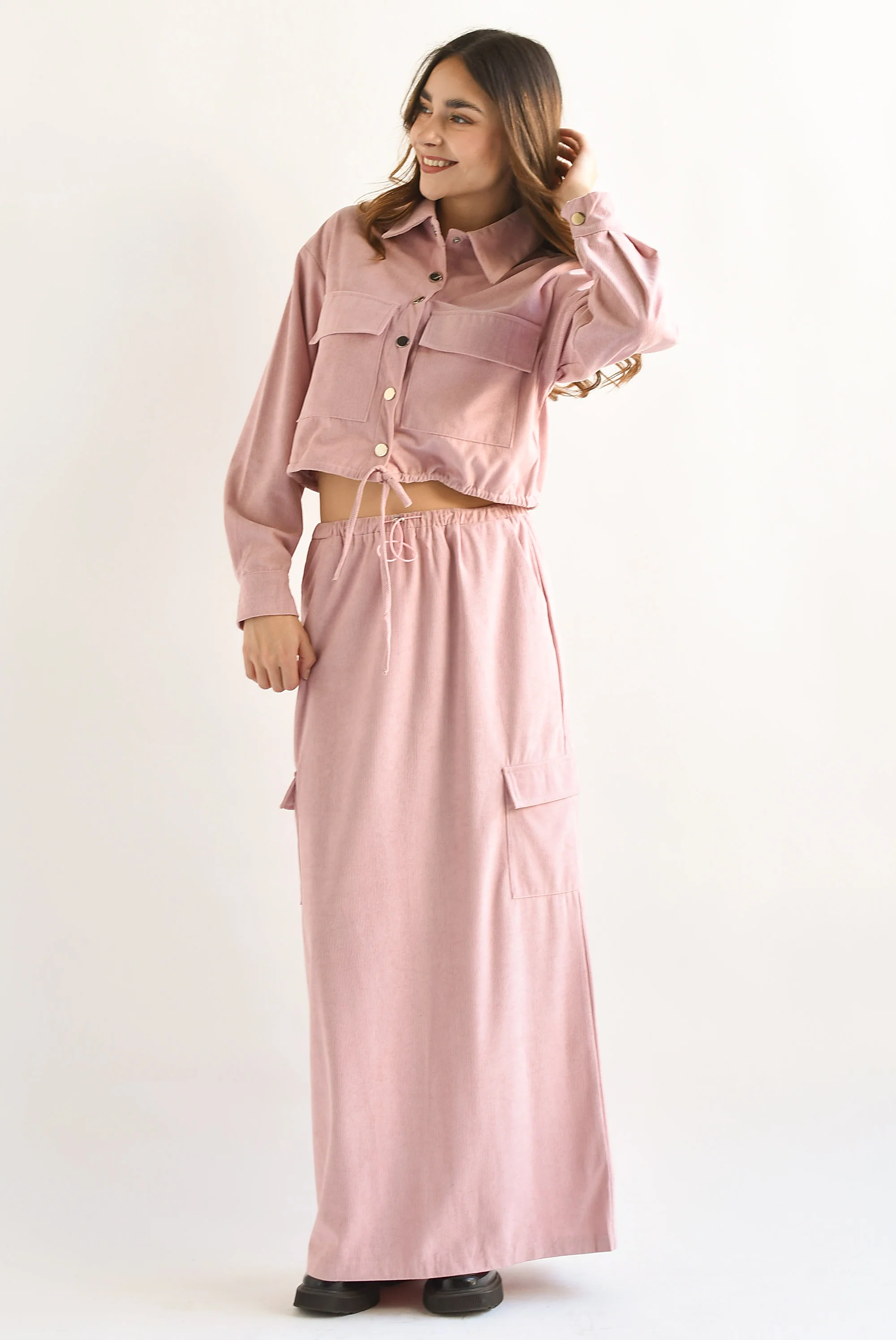 Set Falda y Chamarra cargo pana Rosa