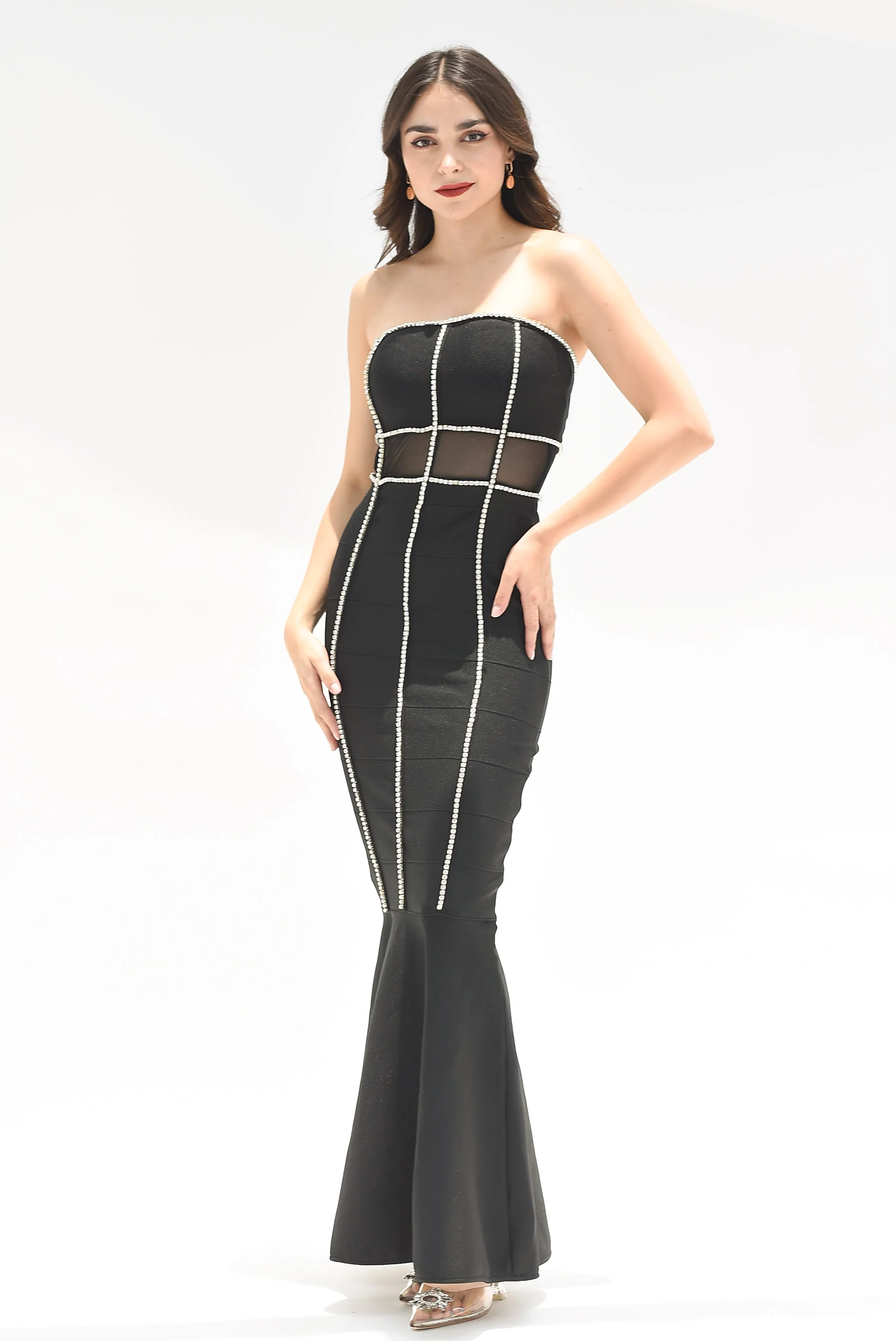 Vestido largo strapless bandage brillos Negro