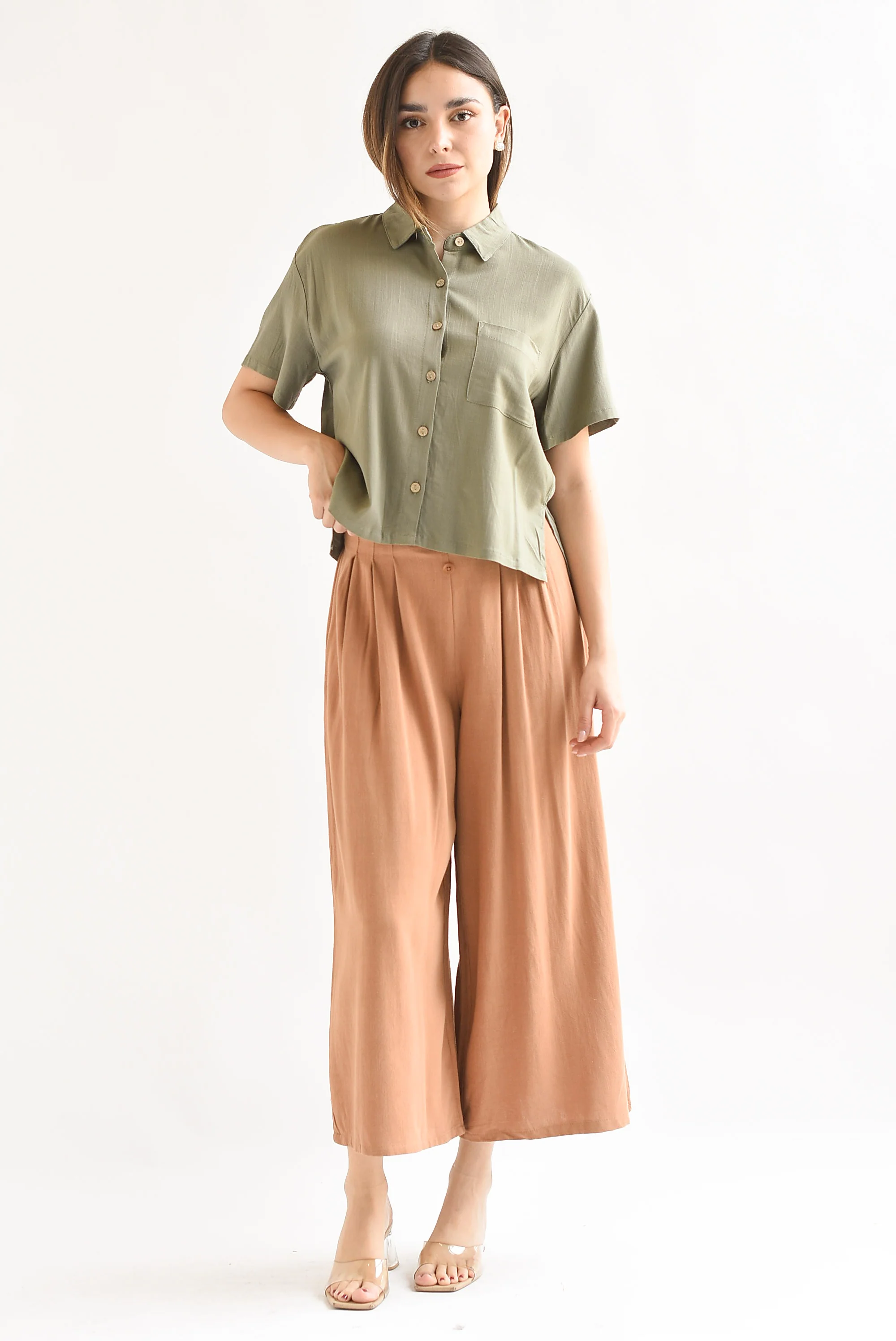 Pantalón culotte tipo lino Café Canela