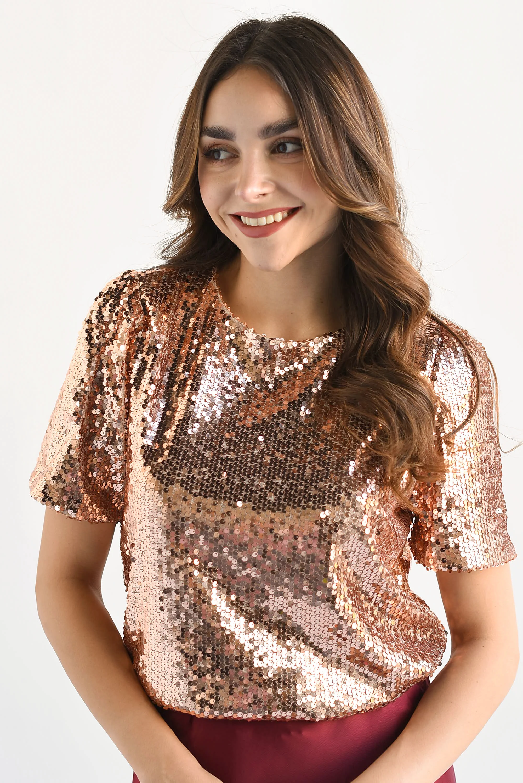 Blusa manga corta lentejuela Rose Gold