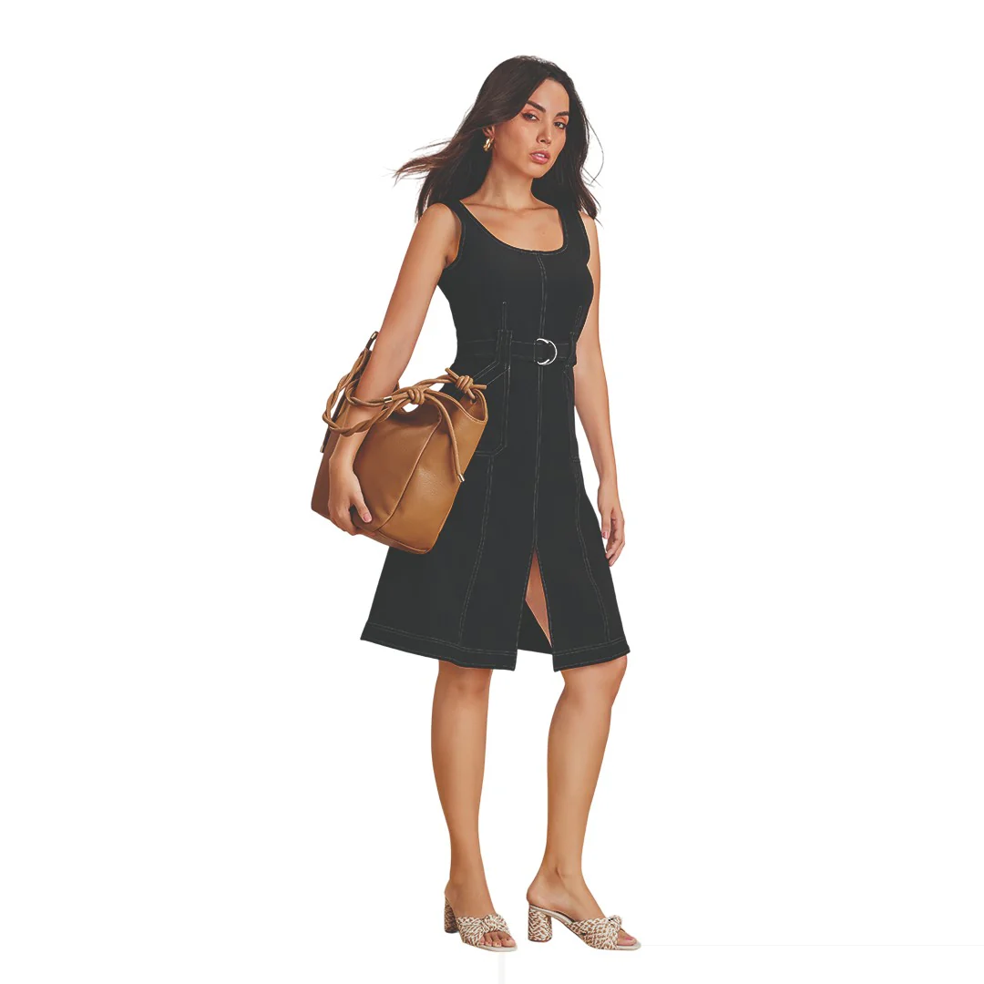 VESTIDO NEGRO CON CINTURÓN Y BOLSILLOS 97857