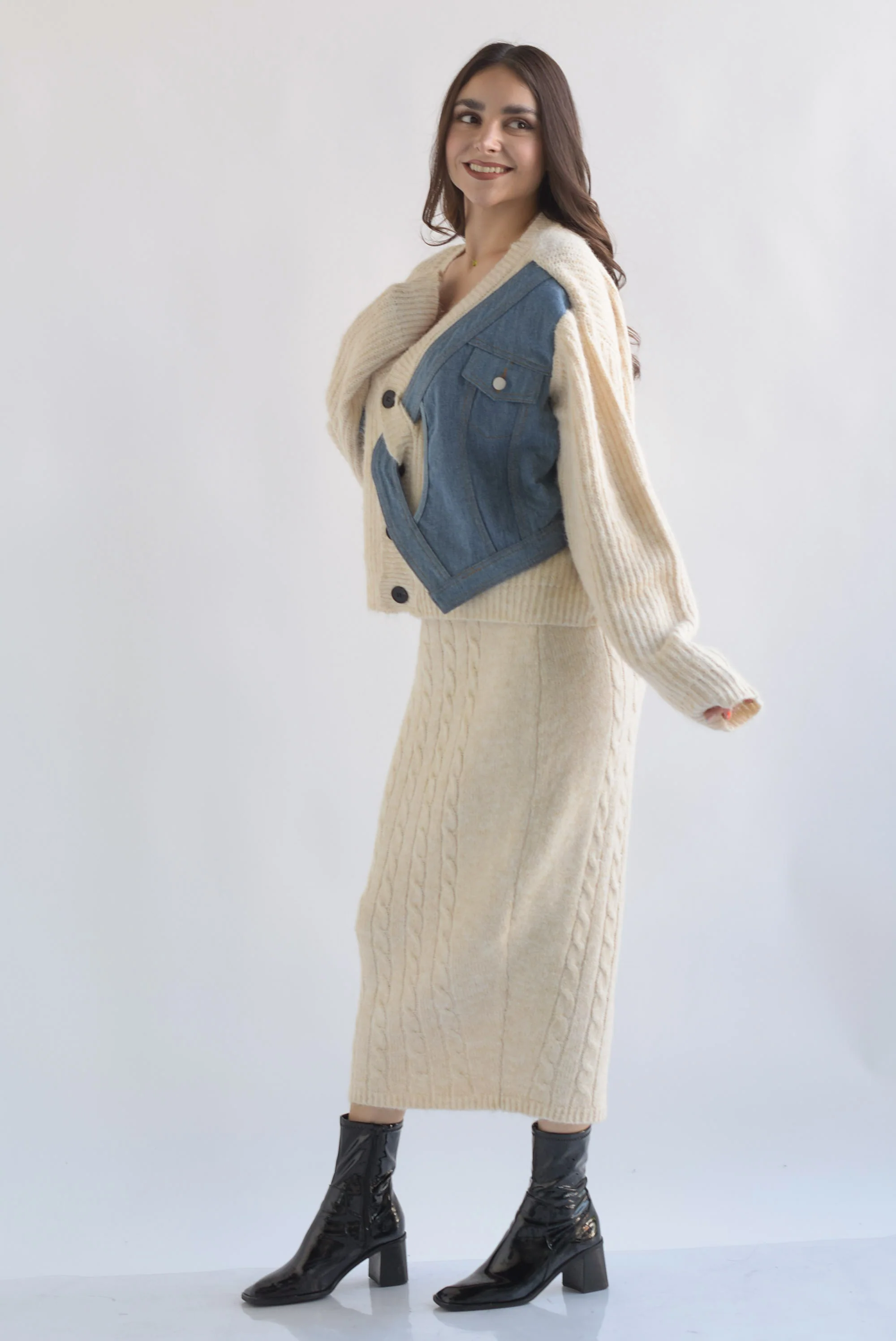 Set Falda y Cárdigan con denim punto Ivory