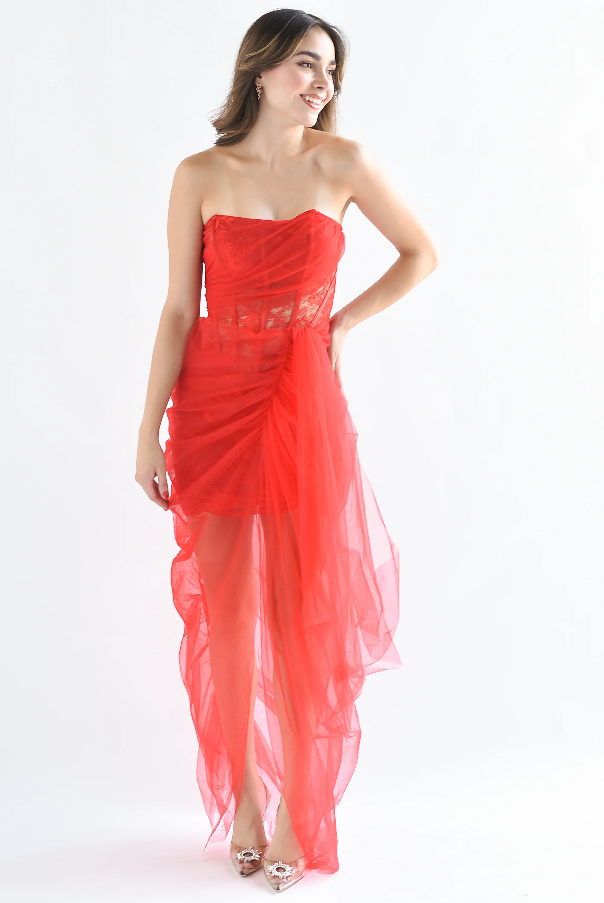 Vestido encaje y tulle Rojo