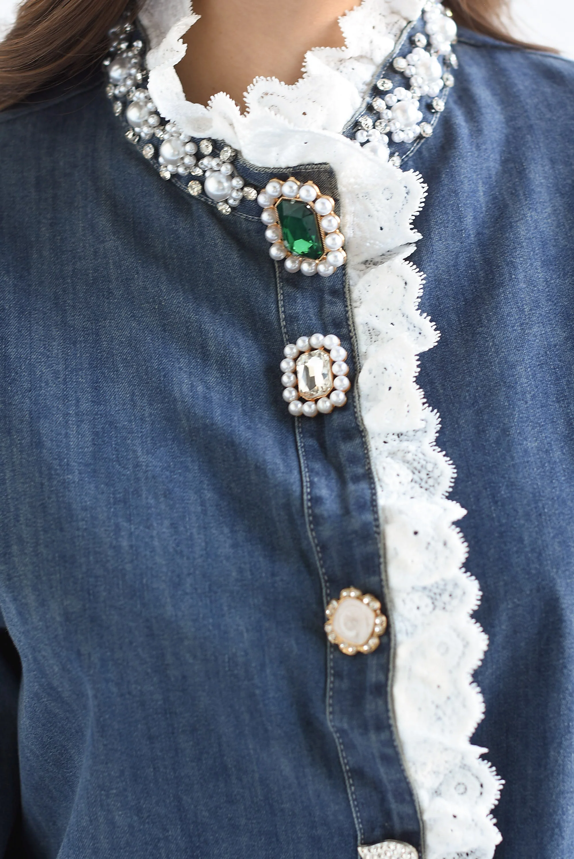 Blusa botones joya filos encaje Denim Dark