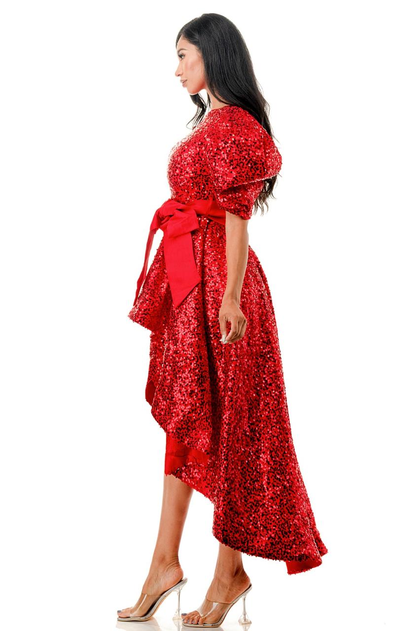 Vestido manga puffy cauda  lentejuela