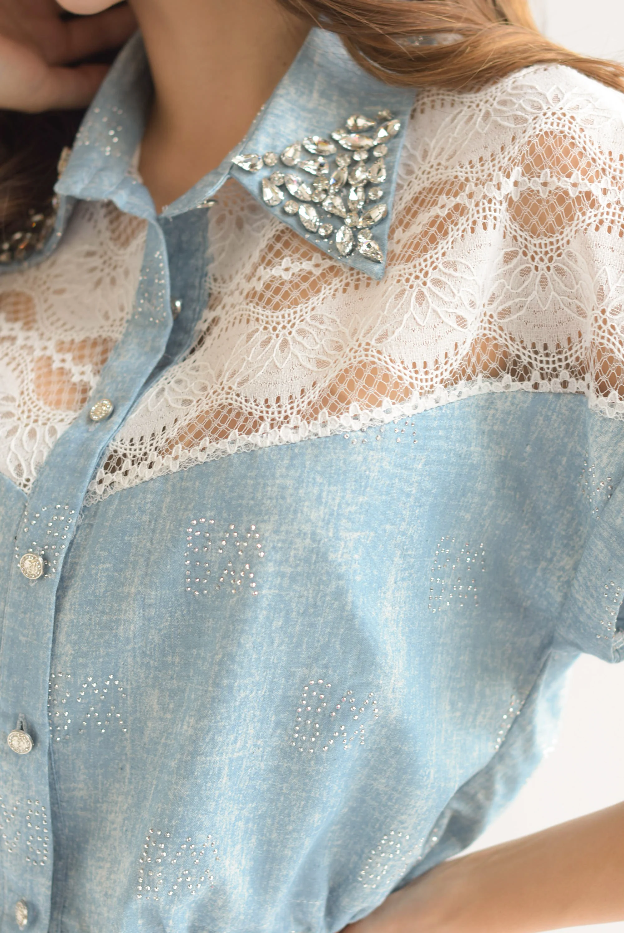 Set Pantalón y Blusa fake Denim encaje brillos