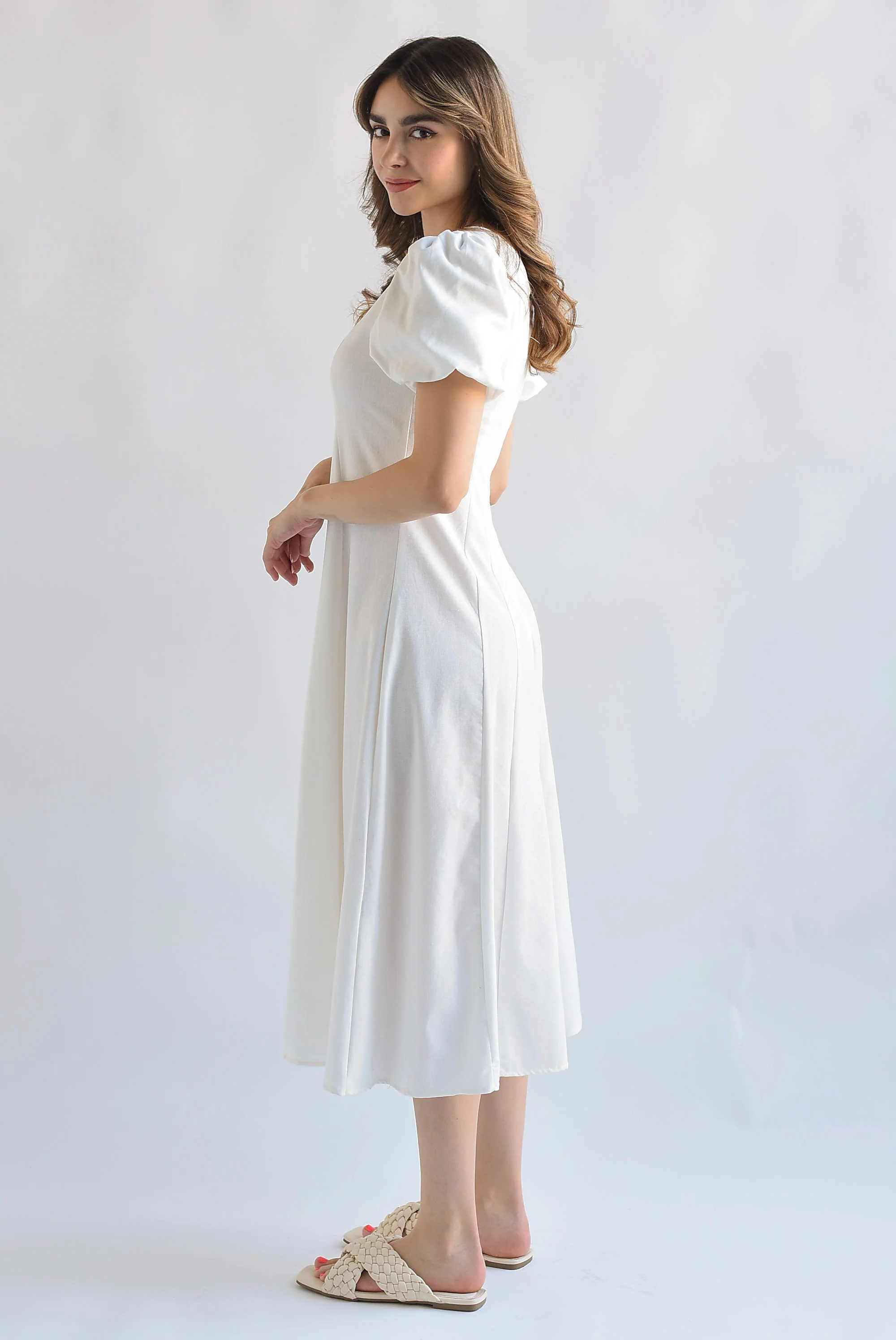 Vestido lino manga puffy  Blanco