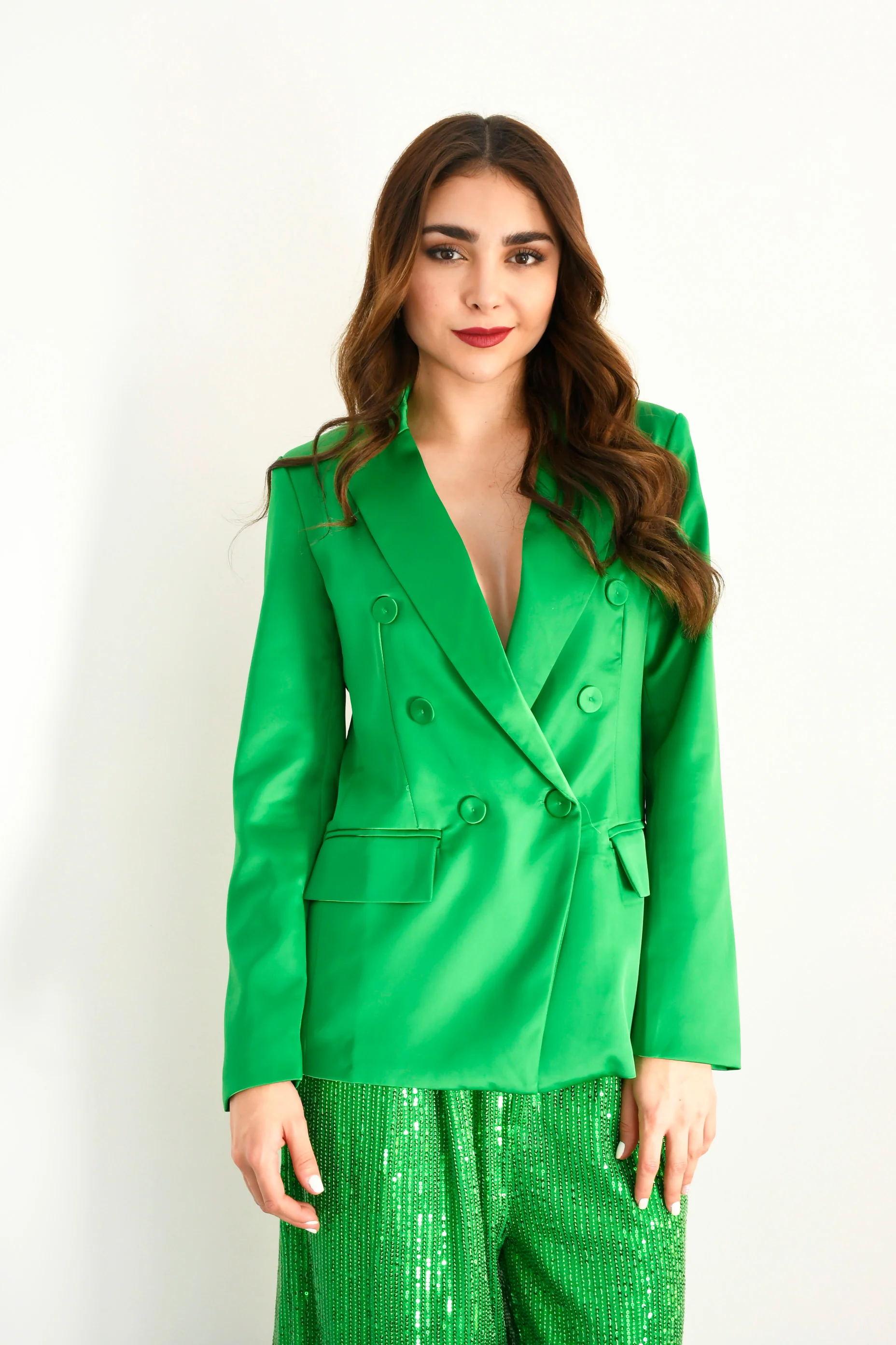 Blazer cruzado botones satín Verde