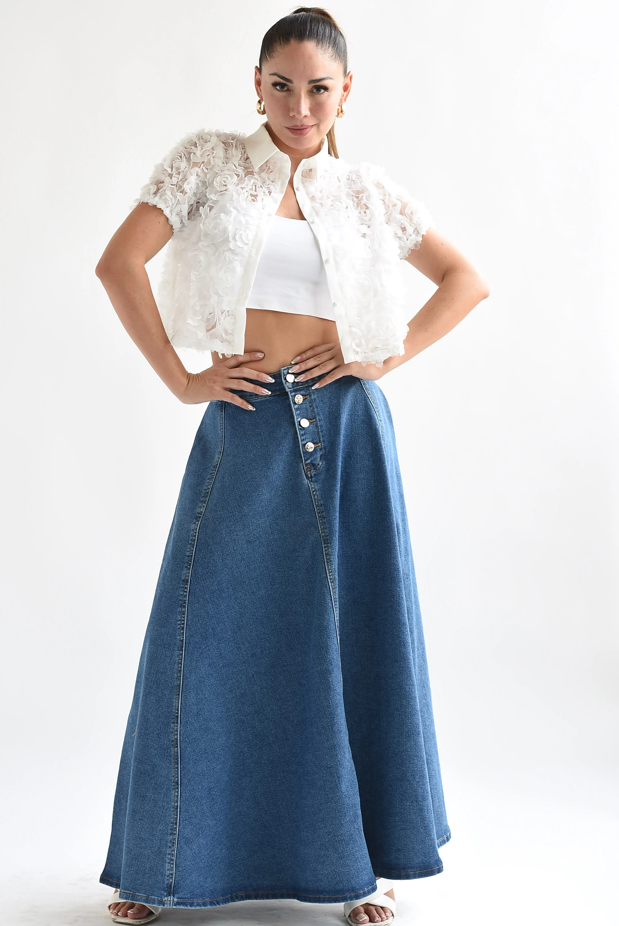 Falda larga corte A botones Denim Medium