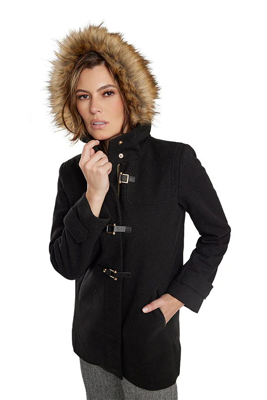 ABRIGO NEGRO CON PELO EN EL GORRO 90942