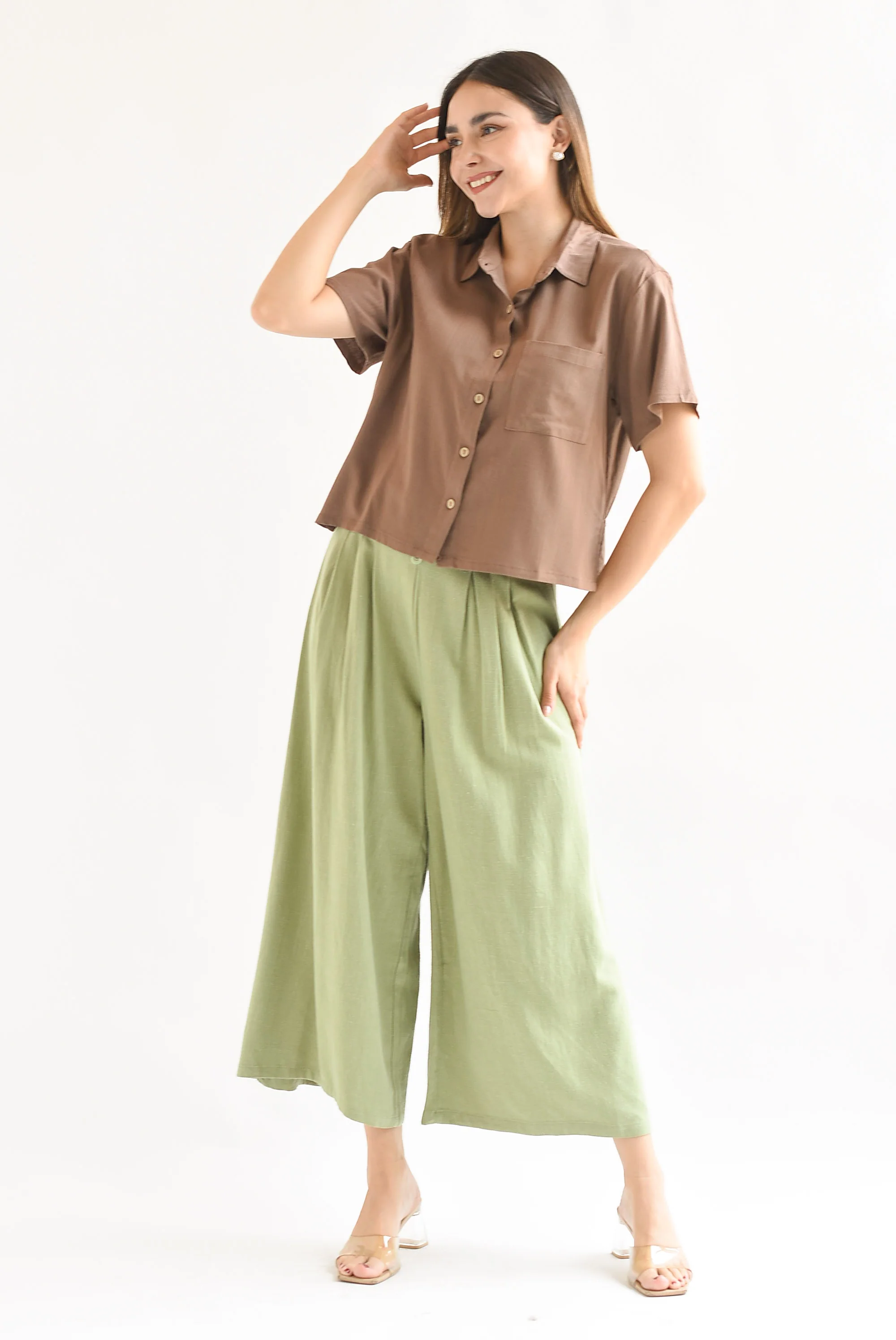 Pantalón culotte tipo lino Verde Pistache