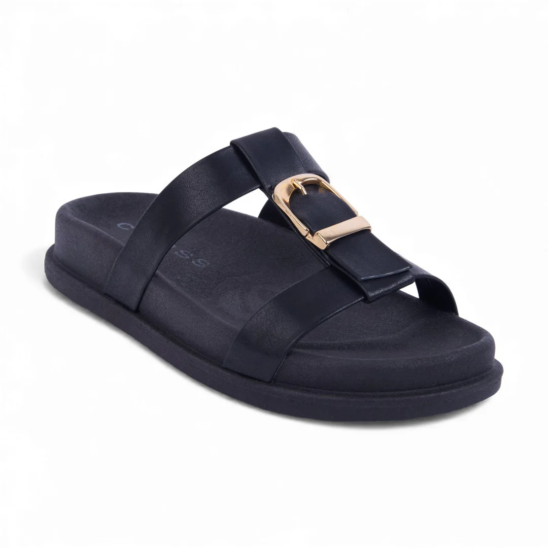 SANDALIA DE PISO NEGRO CON HEBILLA DORADA 56717