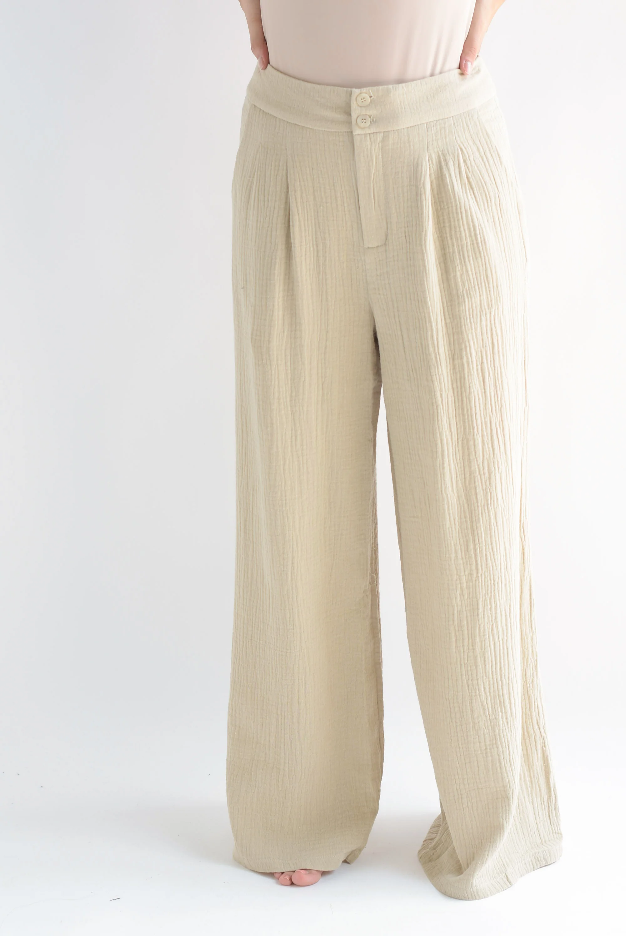 Pantalón wide tipo lino Beige