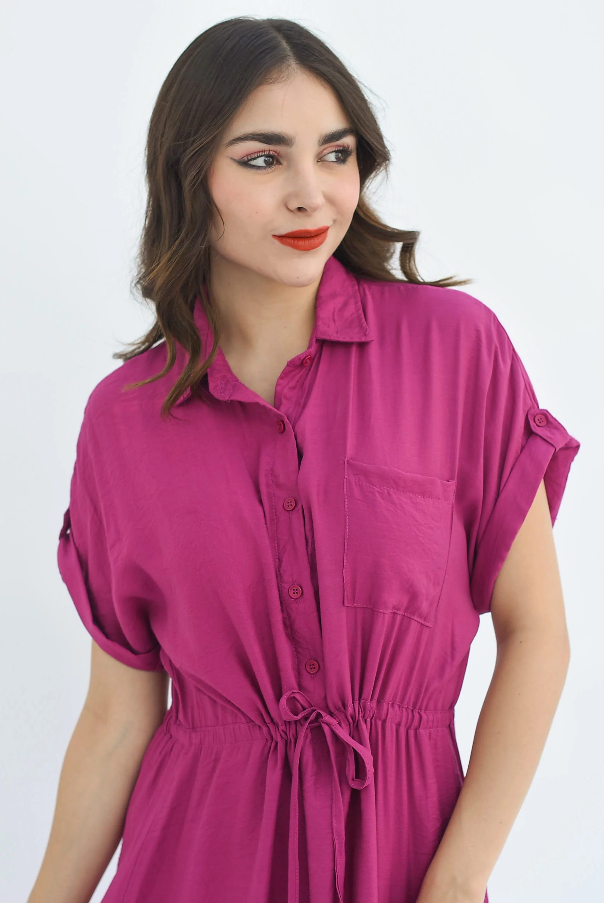 Vestido camisero largo cargo Magenta