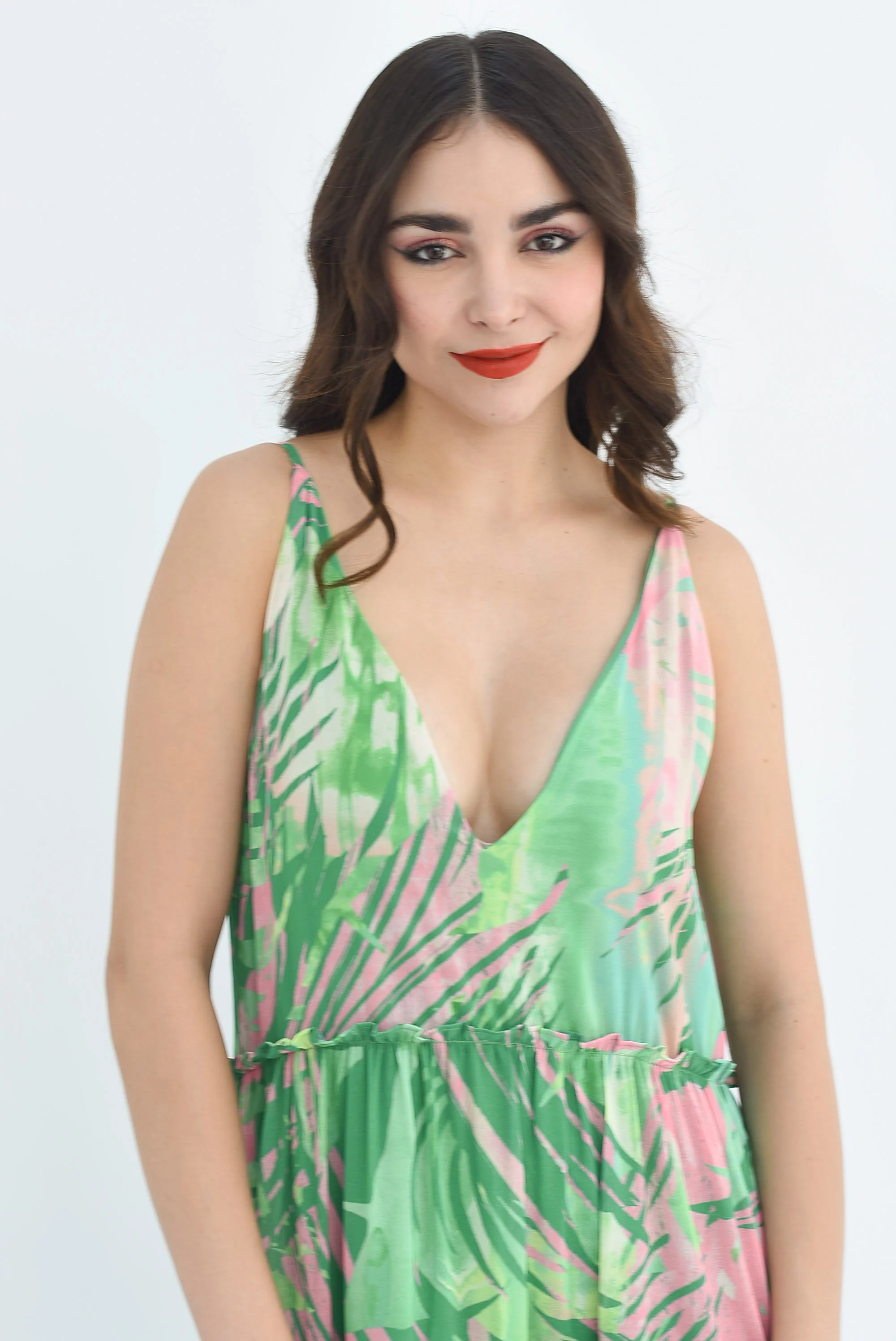 Vestido largo tropical Verde con Rosa