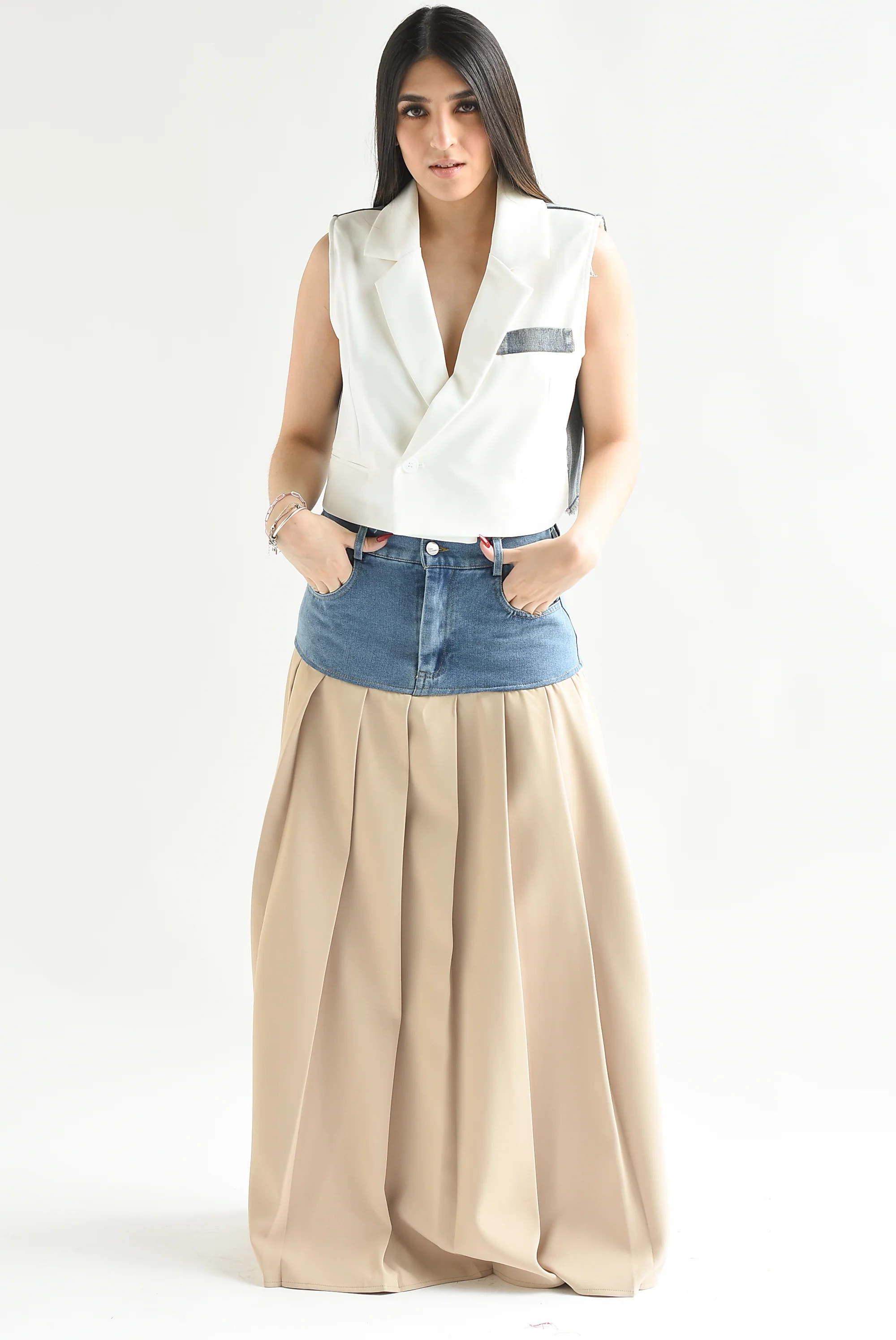 Falda midi Kaki con Denim