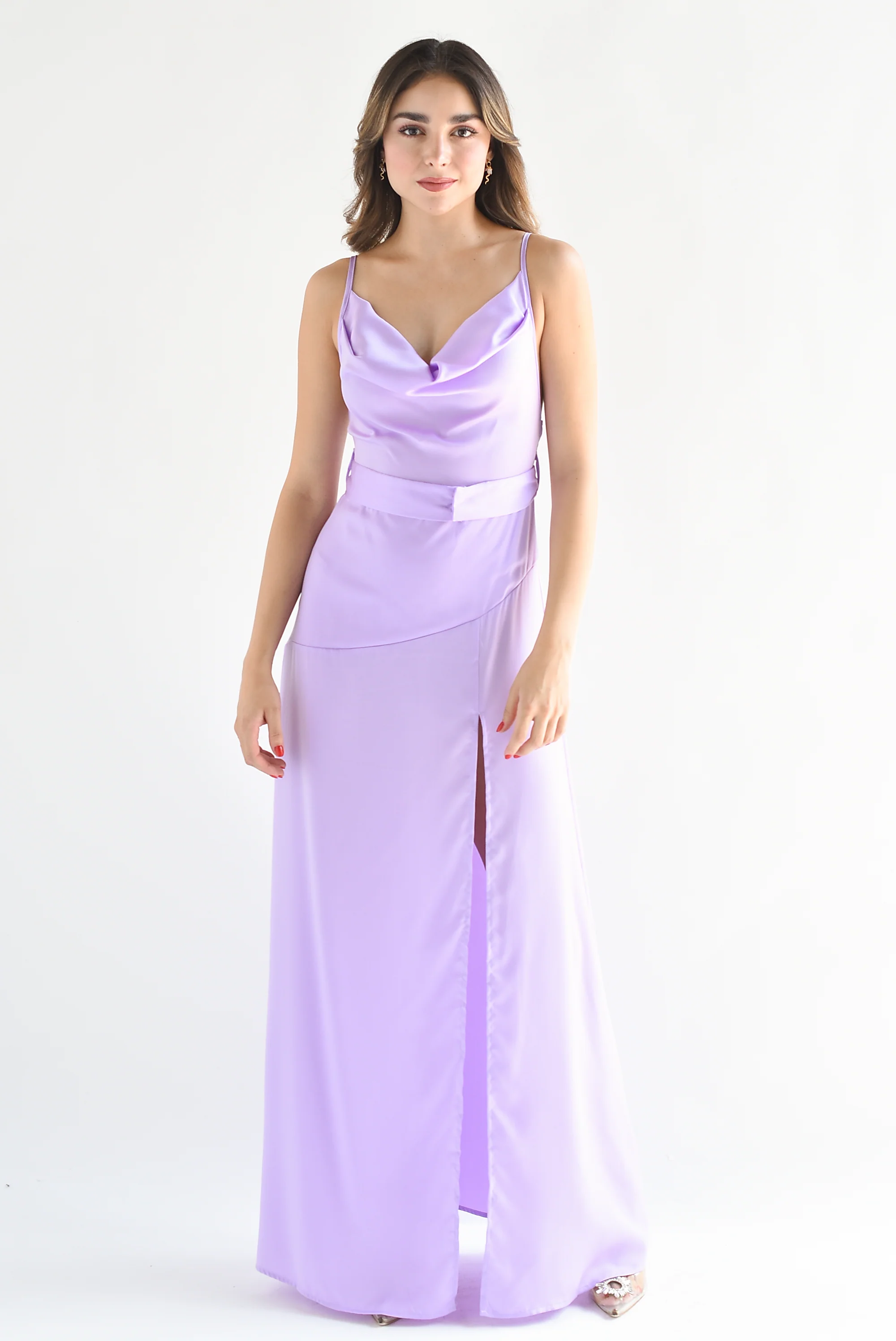 Vestido lencero con cinturón Lila