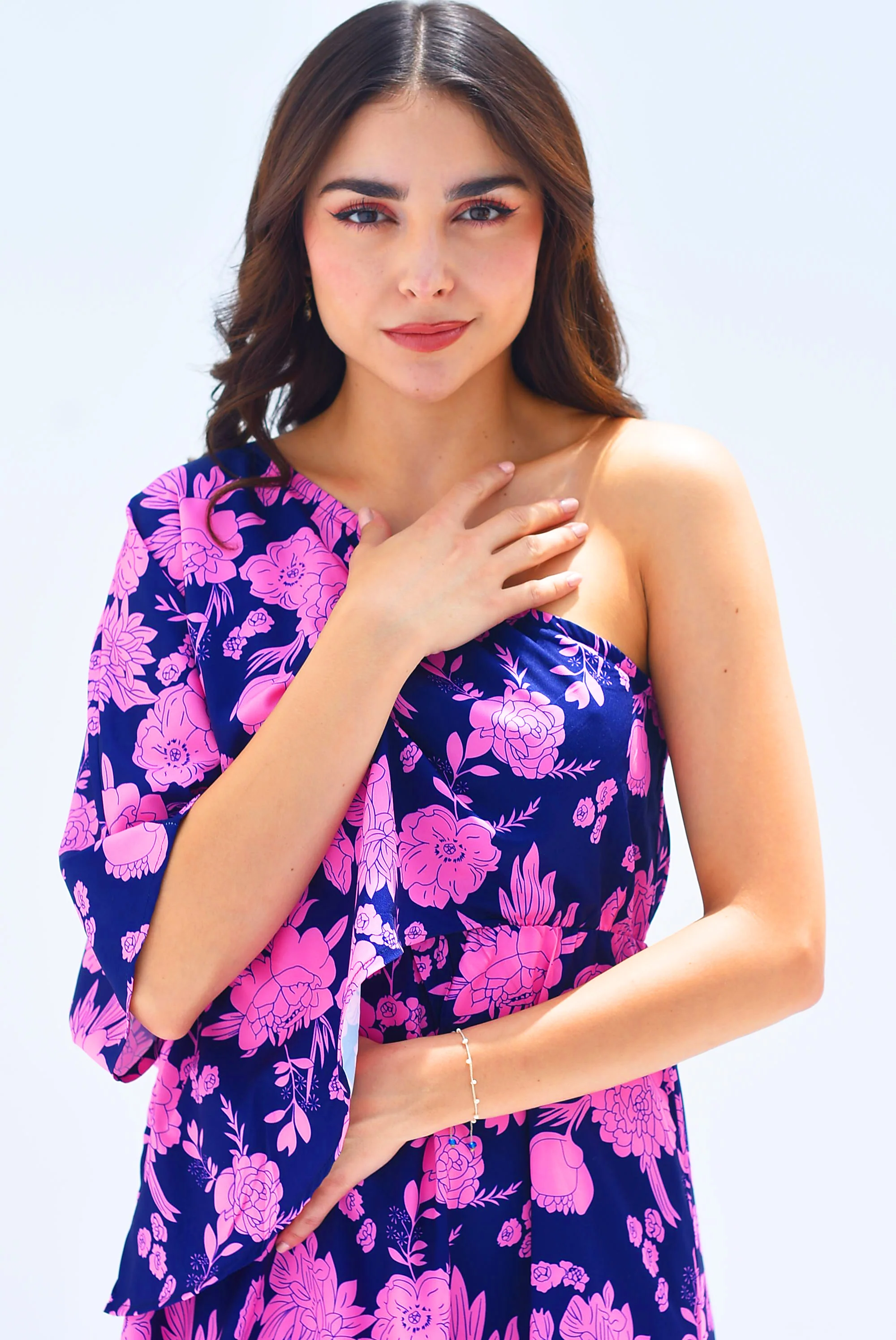 Vestido una manga Flores Rosa con Azul Marino