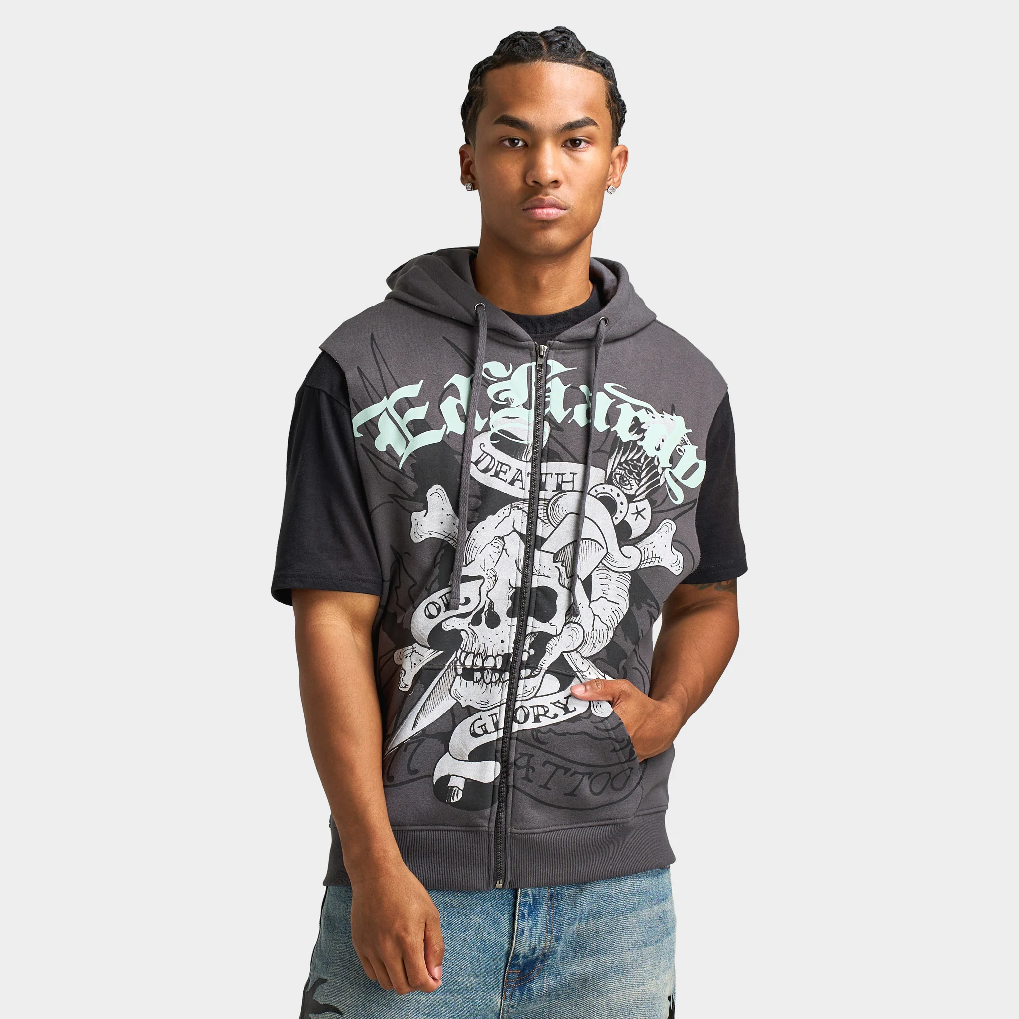 Ed Hardy DG Skull Sleeveles Hoodie / Charcoal