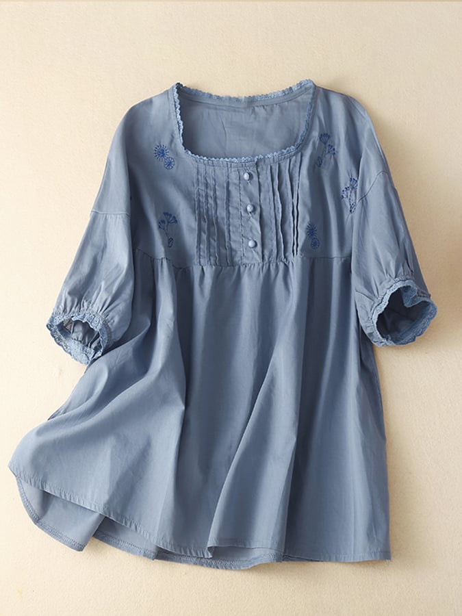 Loose Embroidered Floral Cotton Linen Short Sleeve Shirt