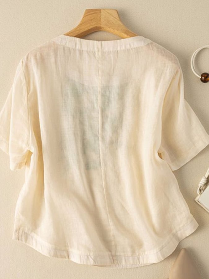 Fashionable Embroidered Round Neck Cotton And Linen Shirt