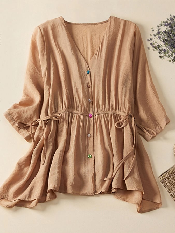 Cotton Linen Solid Color Loose V-Neck Art Shirt